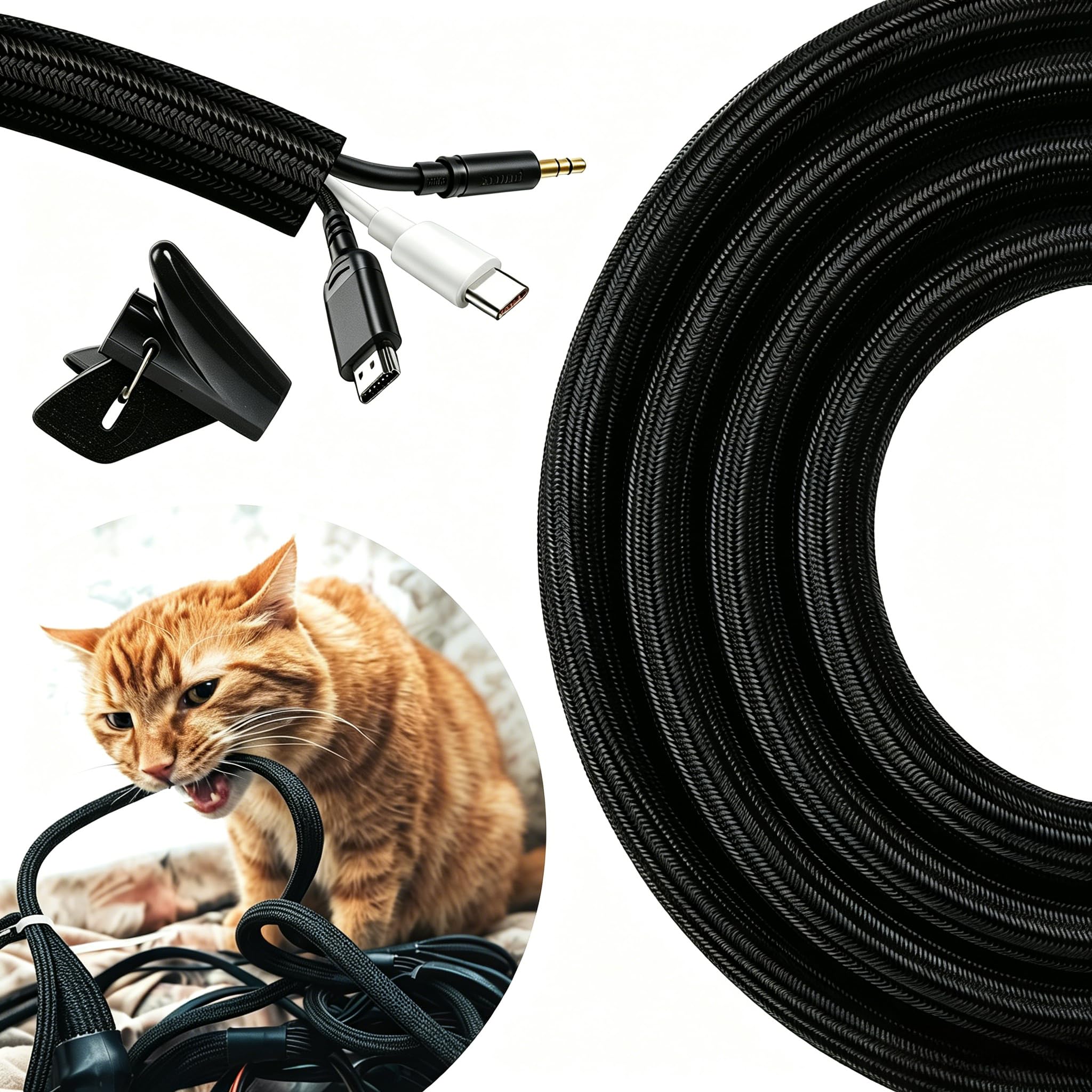 16.4ft-3/8 inch Cable Tidy Black Wire Covers Cord Protector for Pets Wire Protector from Pets Self-Winding Cable Tidy Sleeve Prevent Dogs Cats Chewing for USB Power Audio PC/TV Cords Home Office