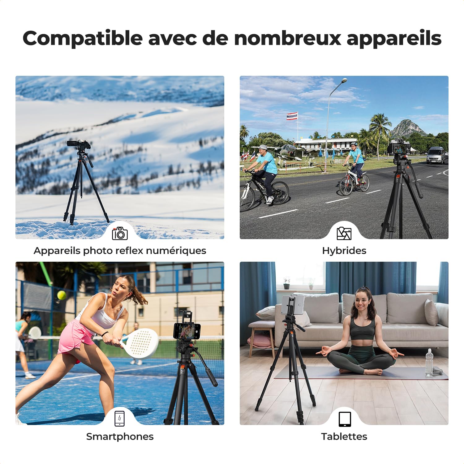 K&F Concept Trépied Aluminium 186cm avec Tête Fluide | Portable léger, pour DSLR/hybride/caméscope/streaming/vlog, charge 3kg, Air - A305A3+FH-04