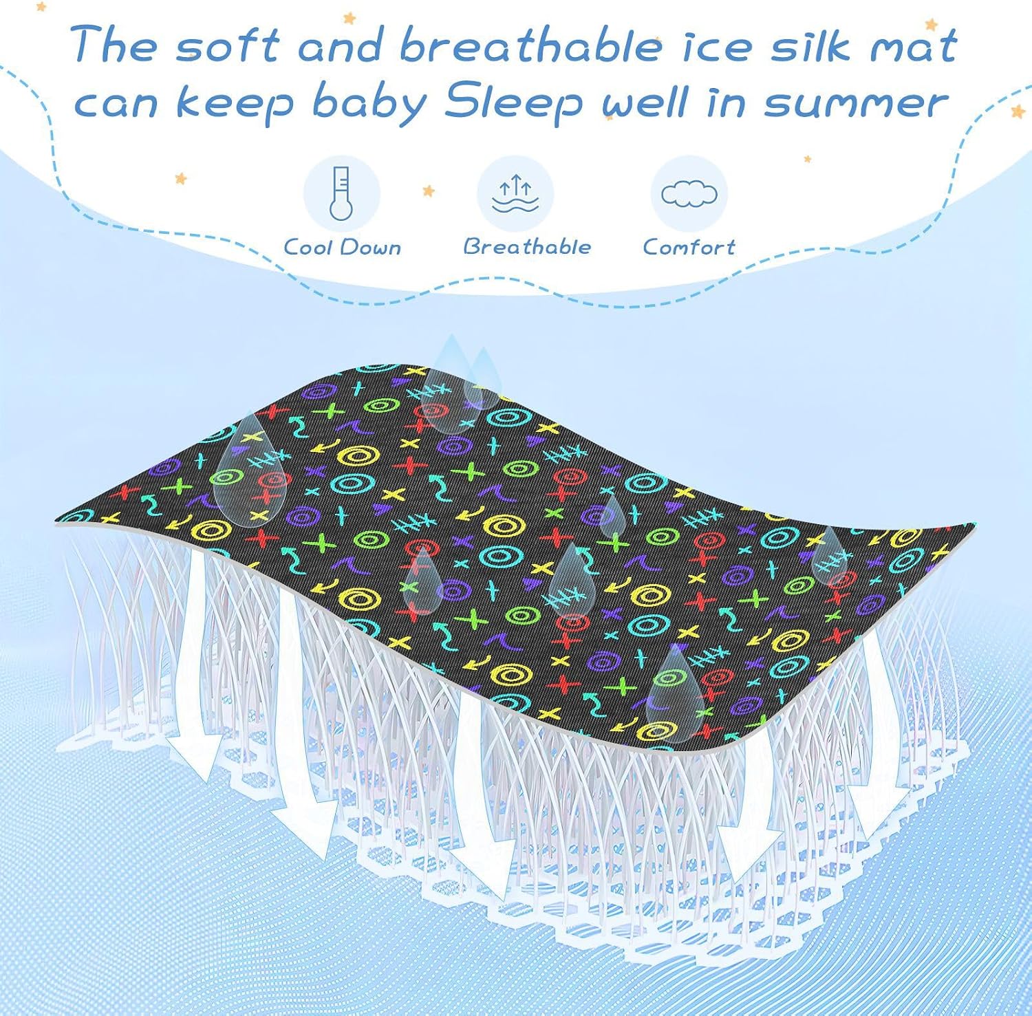 Baby Cooling Mat Colorful Doodles Ice Silk Breathable Mesh Summer Crib Mattress Pad with Pillowcase, Soft Cooling Sleeping Surface for Infant & Toddler, 52"x28"