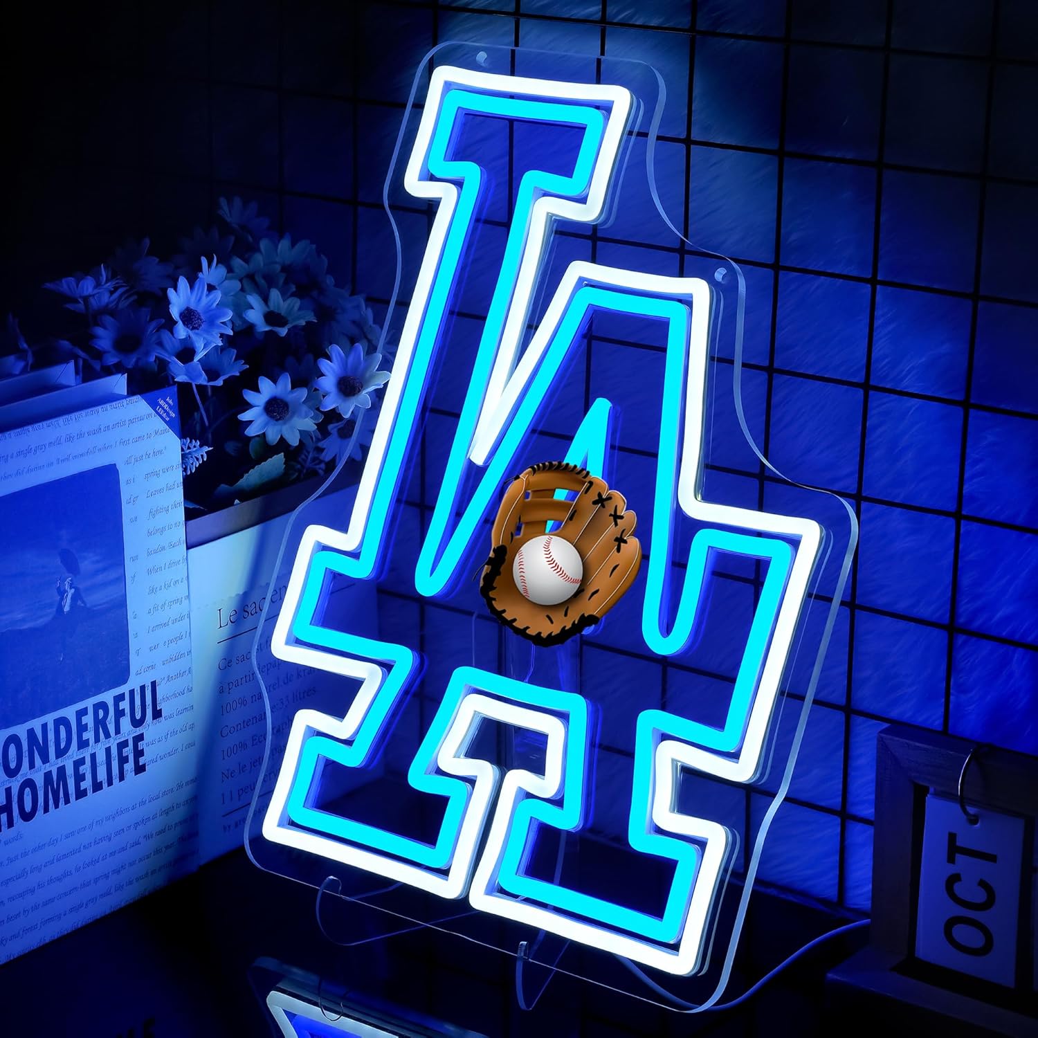 LA Baseball Neon Sign for Wall Decor - Los Angeles Team Merch Neon Acrylic USB Powered LED Wall Art Decor, Light Up Sign Dimmable, for Man Cave Game Room Bedroom Bar Club Party Fans 15.75" × 11.69" - Image 3