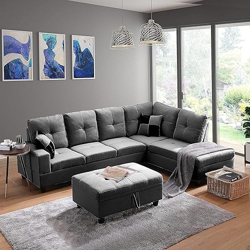 Miniatura 3 de UNIROI Otomana de almacenamiento seccional gris, moderno sofá esquinero en forma de L para sala de estar, juego de muebles con 2 almohadas, diván