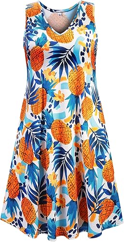 Ivicoer Vestido de playa de verano para mujer, cuello en V, estampado floral, sin mangas, con vuelo, talla grande con bolsillo (L-5XL)