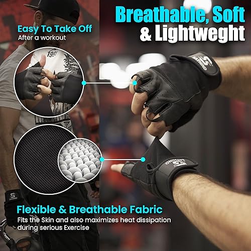 Miniatura 3 de Guantes de entrenamiento de cuero para hombres y mujeres, guantes antideslizantes para levantamiento de pesas, gimnasio y ciclismo con malla