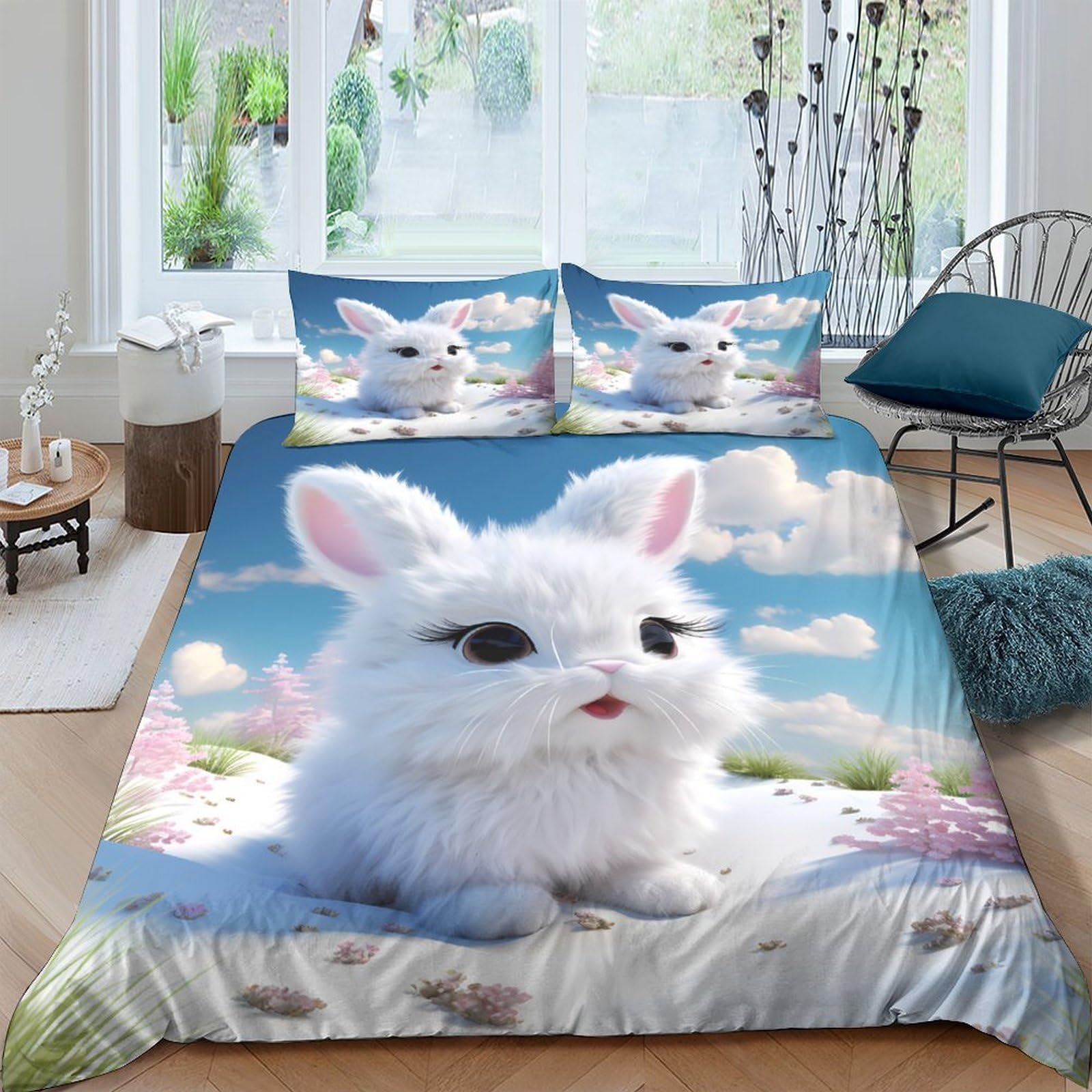 Ctjqhvkz Style-6 3D Printed White Bunny Fitted Sheet Microfiber Soft Pastel Meadow Bed Cover For Bedroom Dorm Mattress Protection Decor Single（135X200cm）