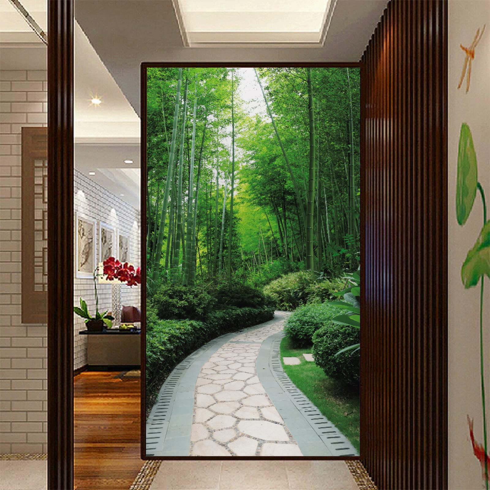 Sticker Porte Vert & forêt de bambous Papier Peint pour Porte Stickers Trompe Loeil Papier Peint 3d Trompe L'oeil Poster de Porte L100 x H200cm