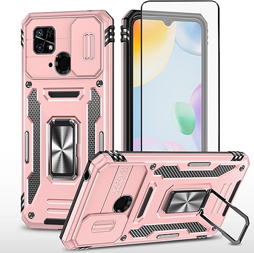 Asuwish Funda de teléfono para Xiaomi Redmi 10C con protector de pantalla de vidrio templado y cubierta de cámara deslizante Soporte de anillo