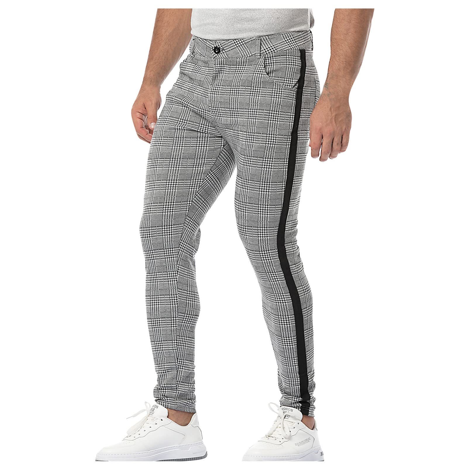 Ymosrh Chino Pants Men Straight Casual Stretch Flat-Front Expandable Waist Checkered Dress Pants Stretch Khaki