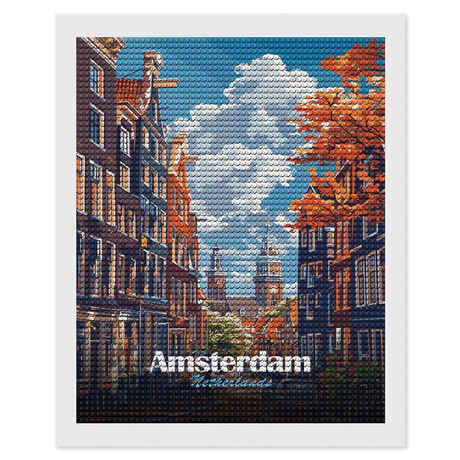 Junmoney Amsterdam Netherlands Cityscape Art Full Drill Diamond Painting Kit 16"x20", Adhesive Canvas, Aesthetic Room Decor, for Family Craft Time, Birthday Gift