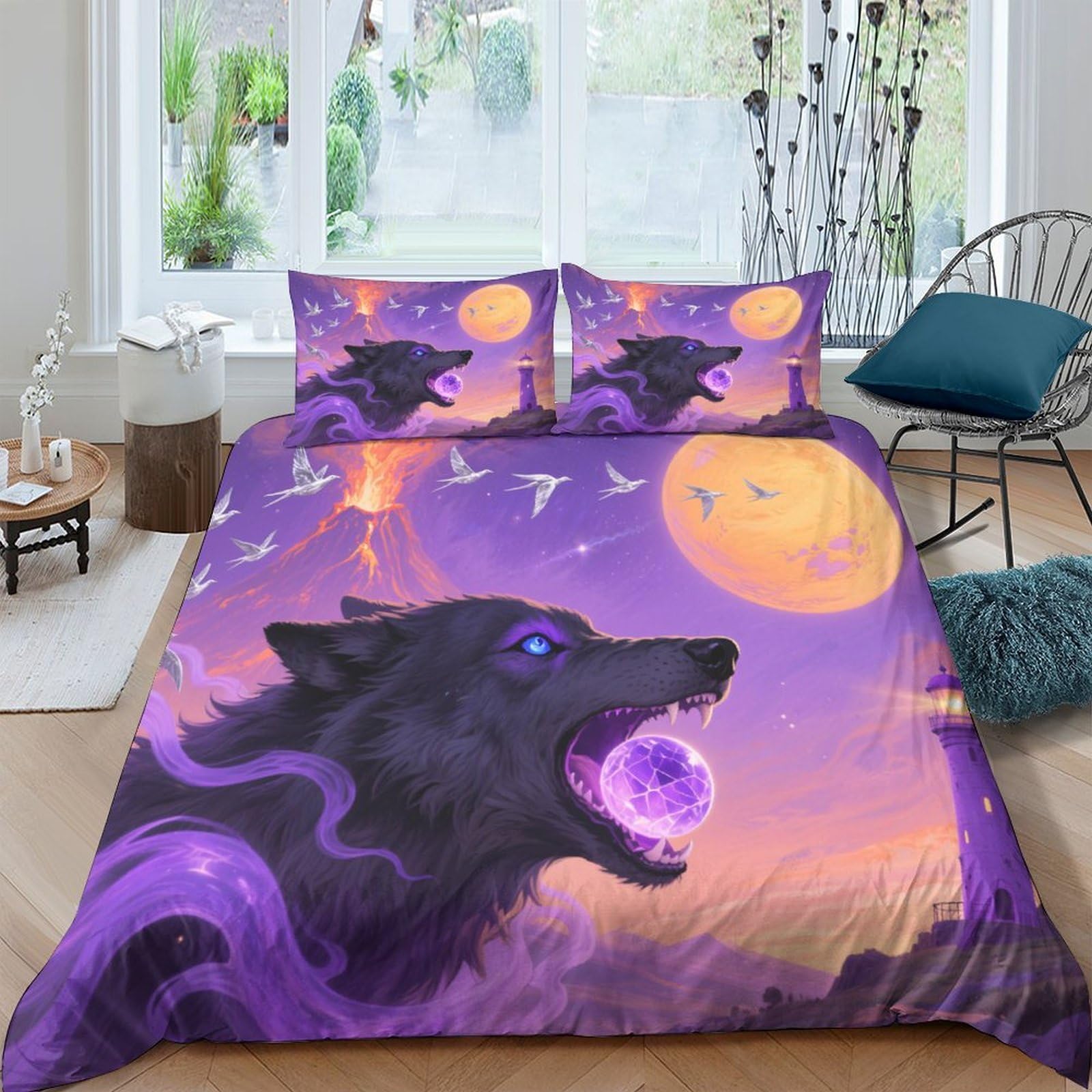 Ctjqhvkz Style-7 3D Printed Wolf Moon Fitted Sheet Microfiber Purple Fantasy Mattress Cover For Bedroom Dorm Dustproof Easy Care Decor Single（135X200cm）