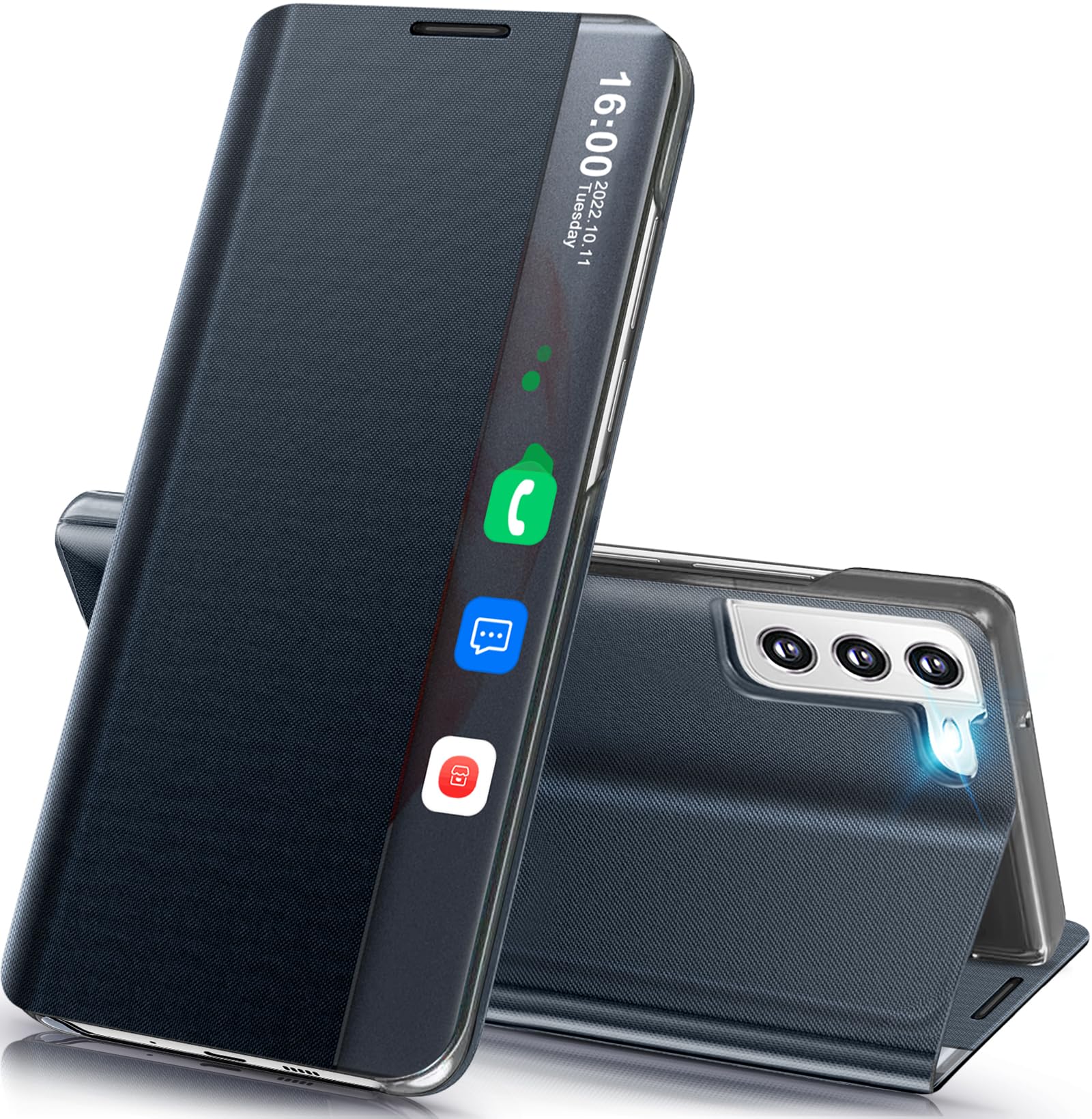 Qissy for Samsung Galaxy S21 5G Case Clear View Window Hard PC for Samsung S21 Case Slim Mirror Kickstand Luxury Flip Shockproof Galaxy S21 5g