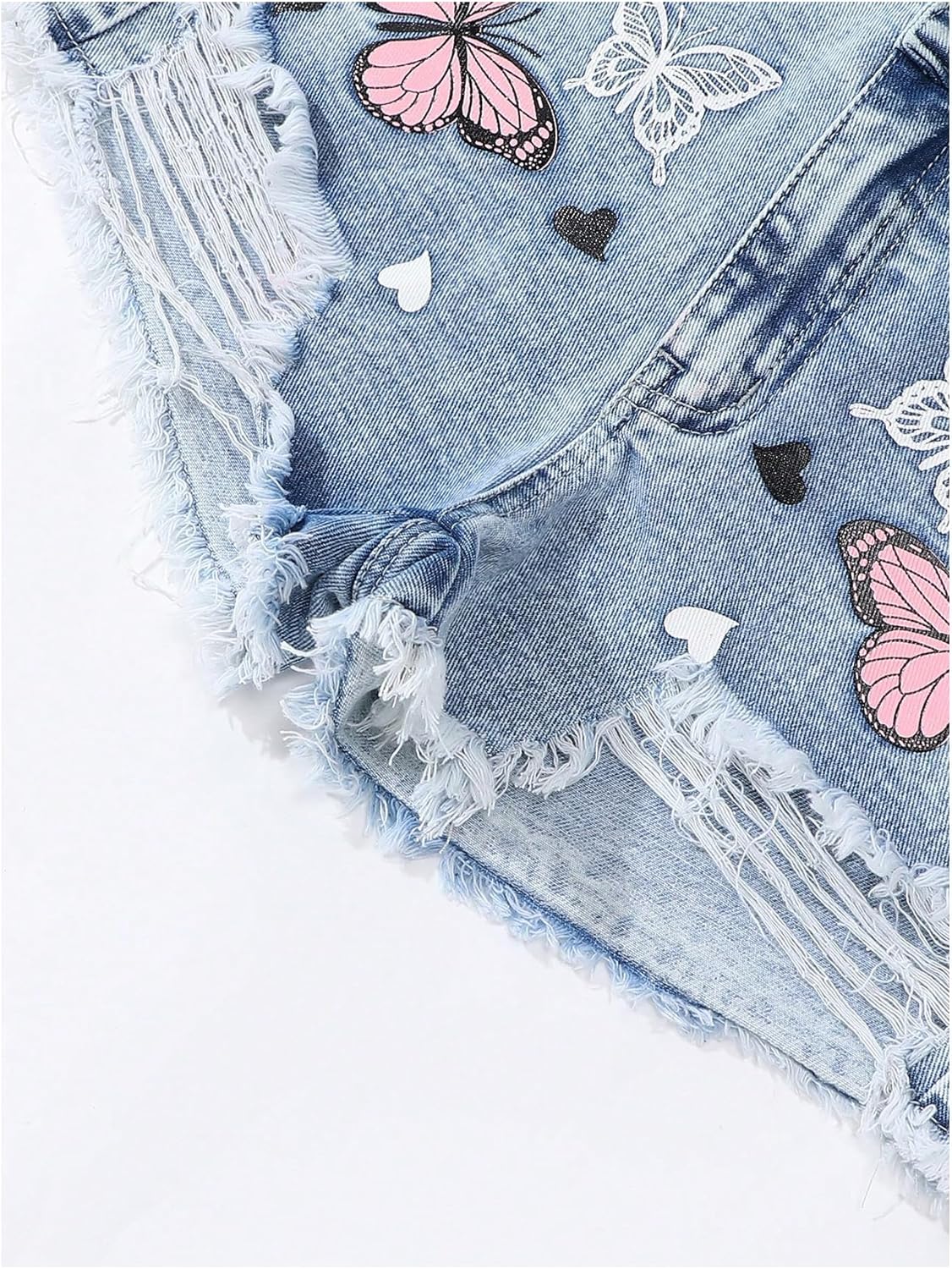 Girl's Butterfly Print Ripped Denim Shorts Y2k Distressed Elastic Waist Jeans - Image 3