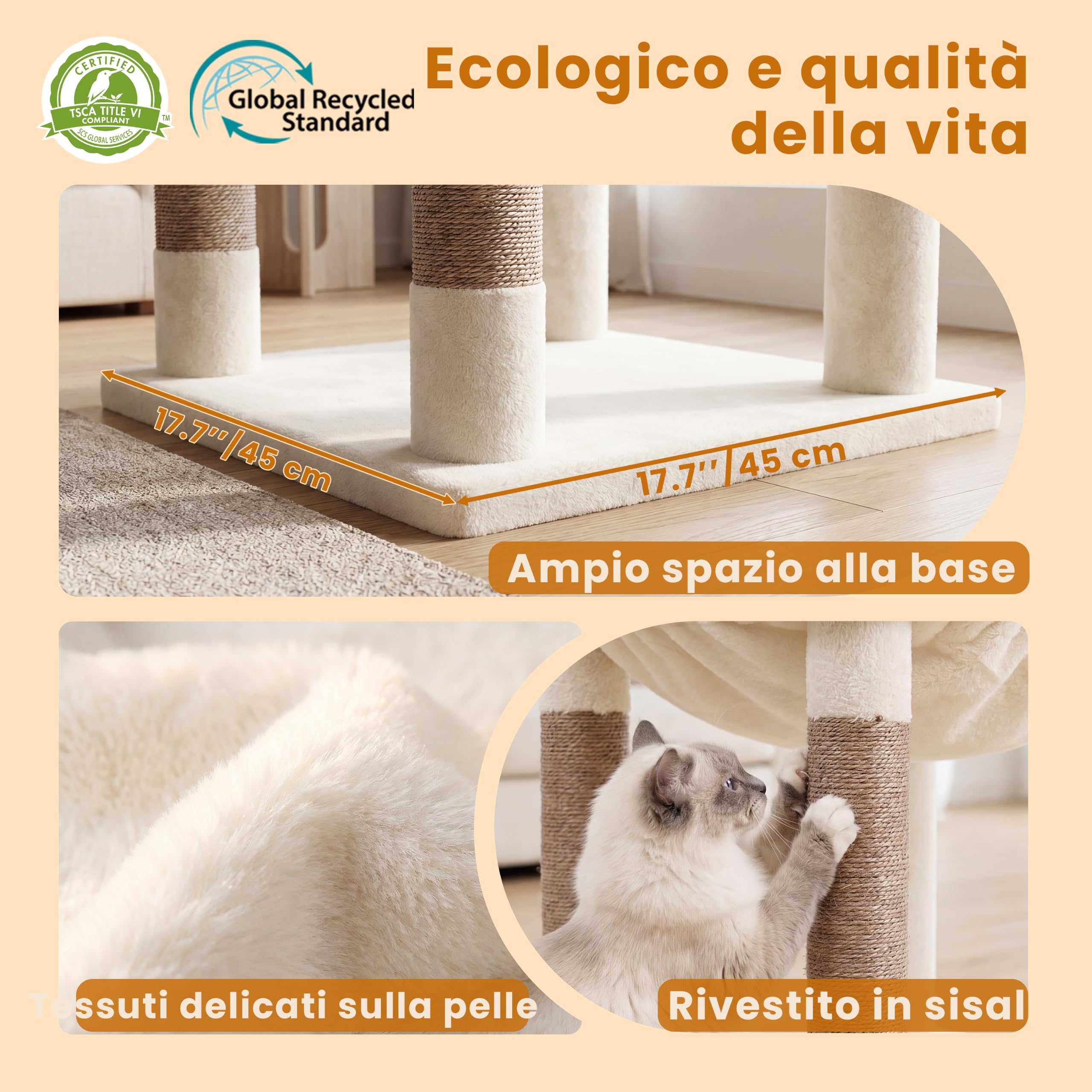 Heybly Albero Tiragraffi 142 cm Gatti Grandi, Torre Scalata Facile HCT028MJ | Amaca XL In Peluche, Cuccia Privata, Cesta Orientabile, Sisal Naturale, Base Stabile, Riposo E Gioco In Casa, Beige