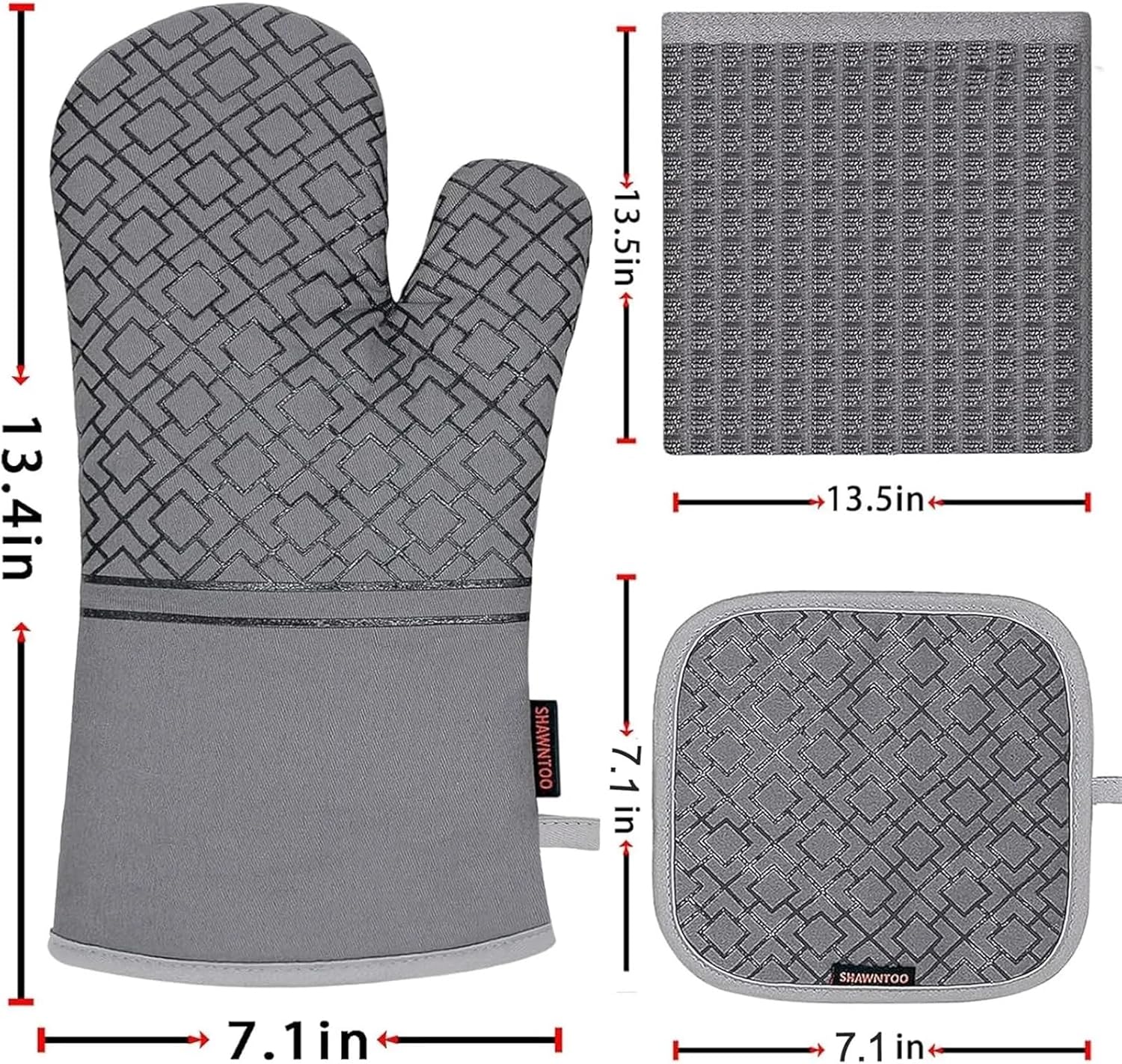 6-Piece High Heat Oven Mitts and Pot Holders Set with Non-Slip Silicone Surface, Gray