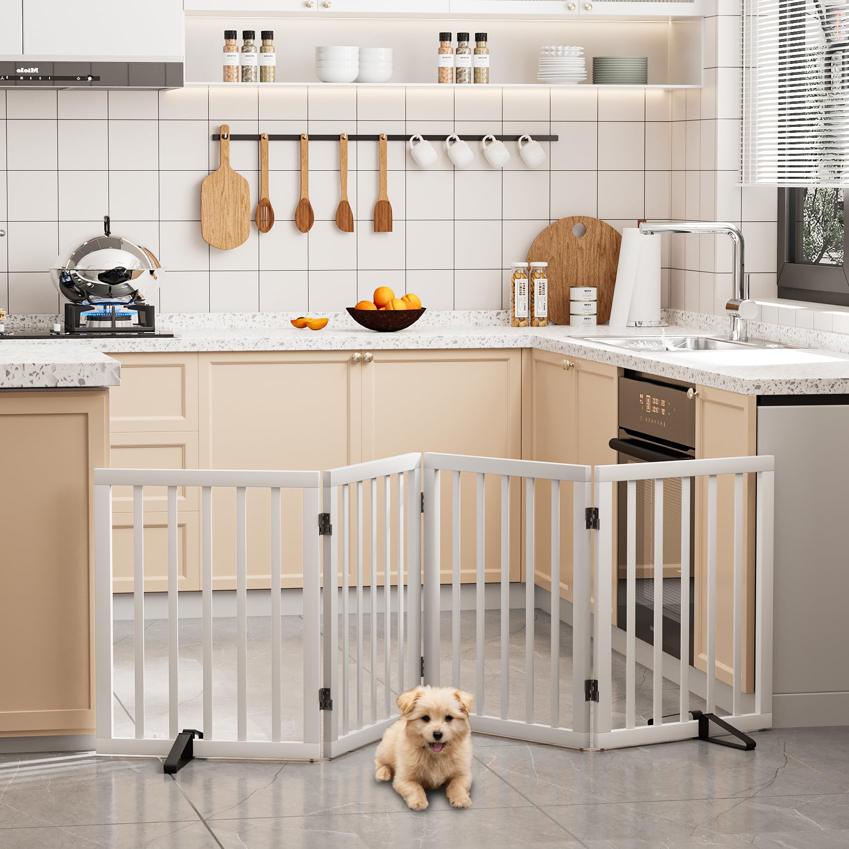Semiocthome Freestanding Dog Gates and Barriers Indoor Pet Gates for Doorways and Stairs, 60cm(H) 4-Panel Puppy Gate with 2 Metals Stands Fully Assembled Adjustable Safety Fence Fit Up to 188cm White — view 7