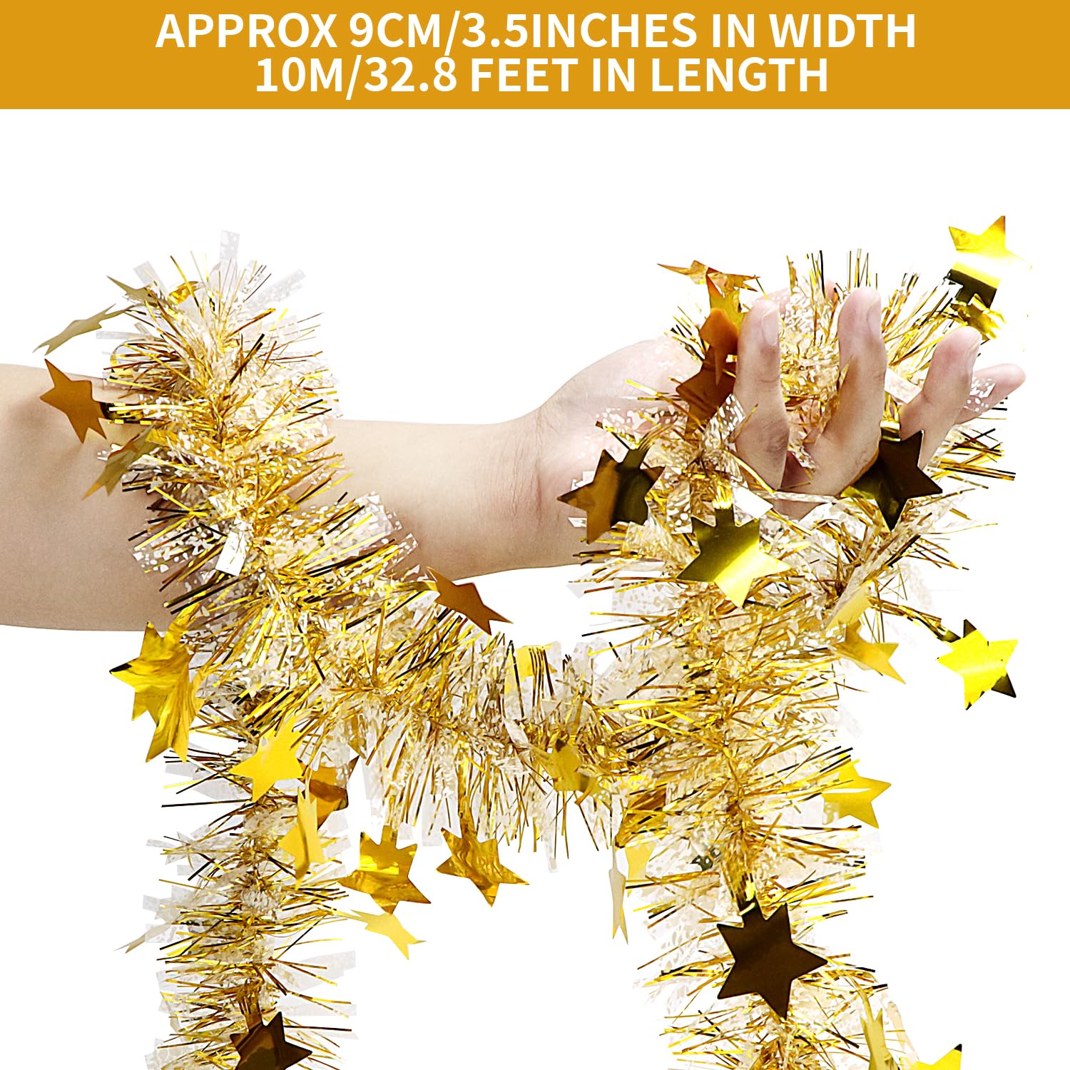 Gold Translucent Christmas Tinsel Decoration - 10m/32.8ft Chunky & Fine Tinsel for Tree, Translucent Gold Star, 10 m - Image 4