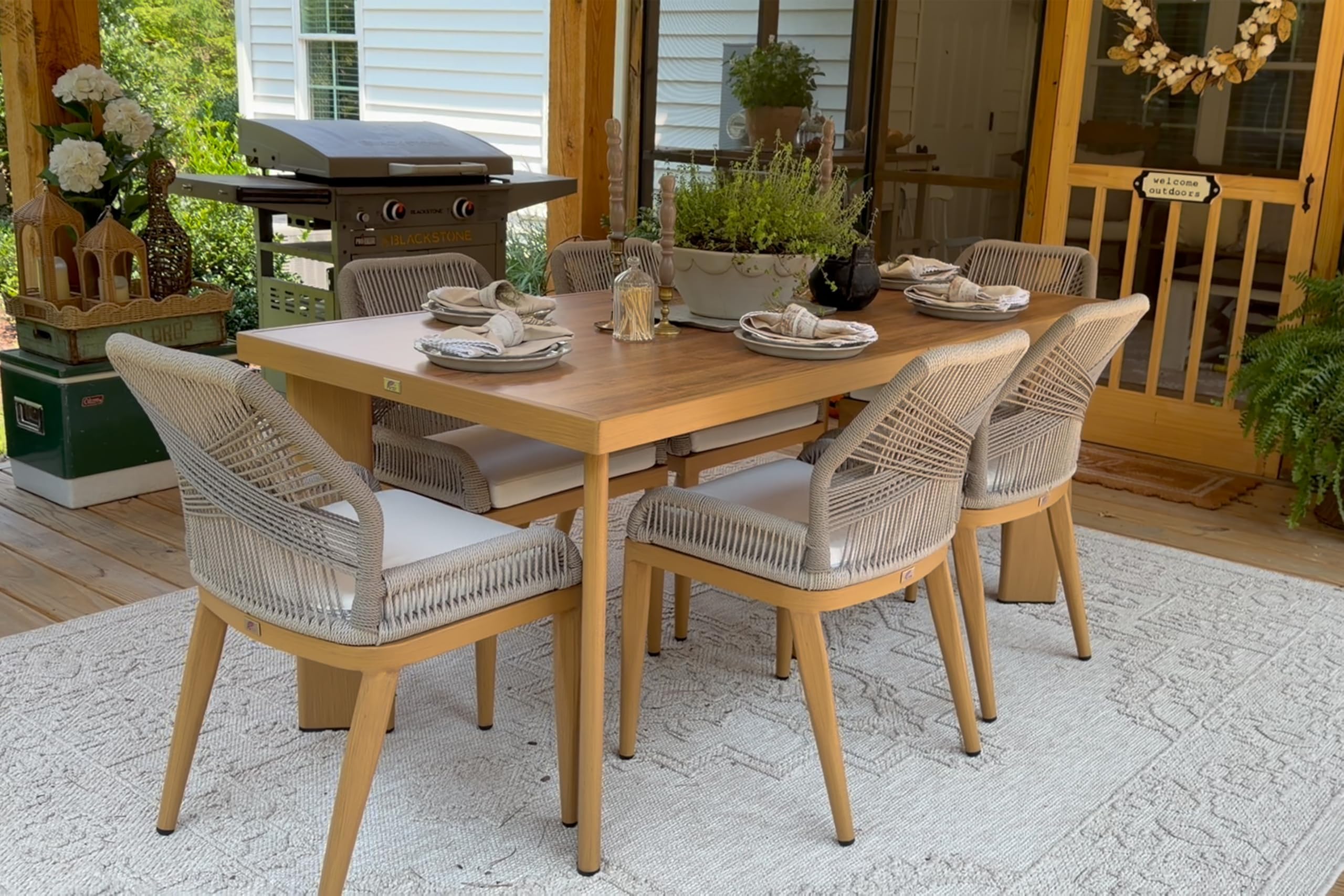 PURPLE LEAF 7 Pieces Patio Dining Set with Cushion and Wicker Back, Teak