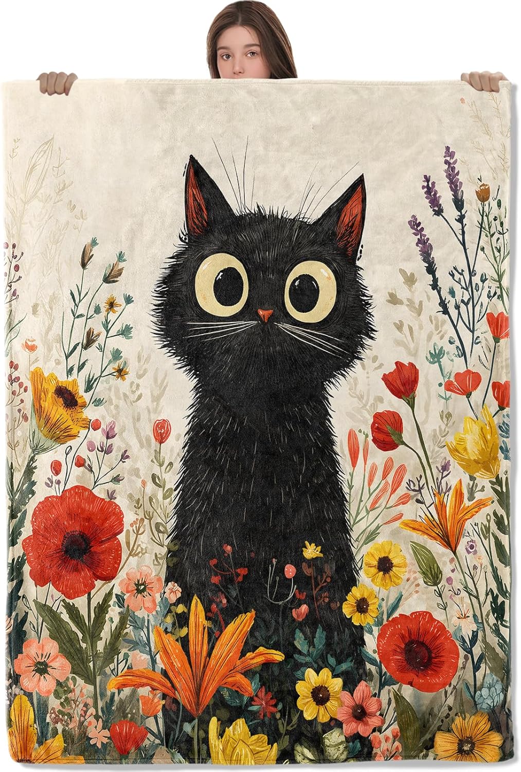 Black Cat Floral Lightweight Throw Blanket, Cute Cartoon Animal with Wildflower, Warm Soft Cozy Flannel Blankets, Couch Bed Home Decor All Season Use, 60x50in, Beige, Gifts for Pet Lovers