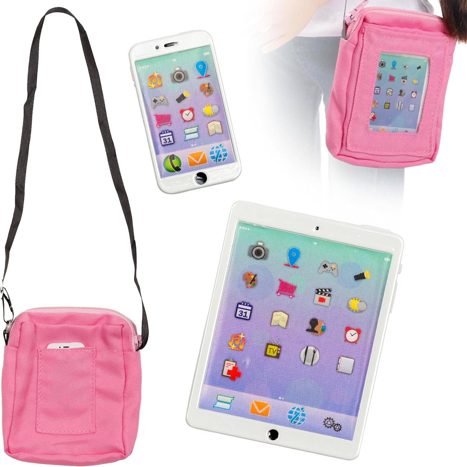 Dress Along Dolly 3pc Tech Set for American 18" Dolls w Cell Phone, Computer Tablet, and Accessory Bag- Premium Durable Metal Construction- Perfect Techie Girl Gift Set for Less