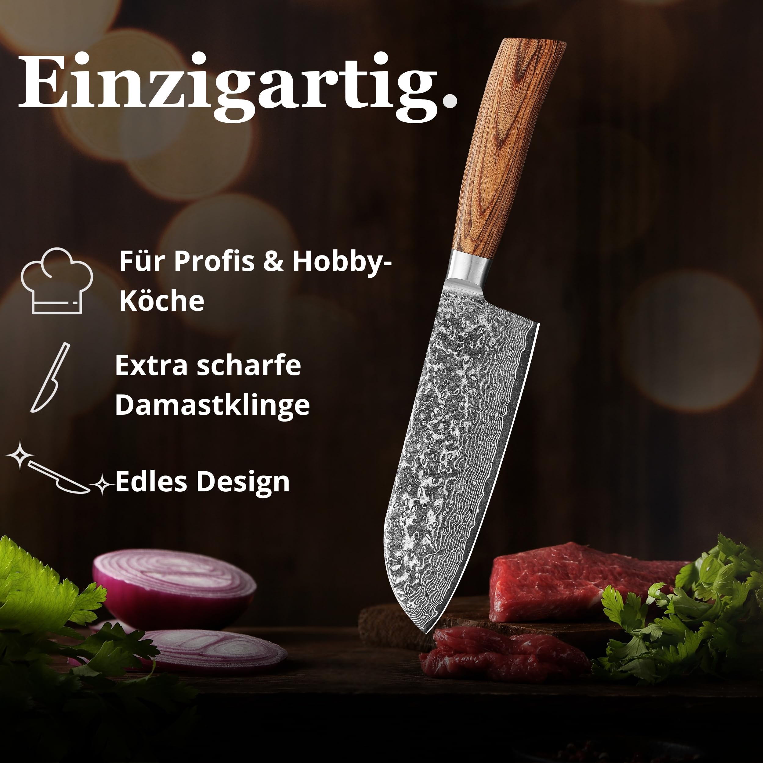 Wakoli EDIB Pro Santokumesser, 17 cm Klinge aus Damaststahl mit VG10 Kern | 67 Lagen, 60 ± 2 HRC, 32 cm Gesamtlänge, Pakkaholzgriff und Geschenkbox; beidseitiger V-Schliff für Fleisch, Fisch und Gemüse