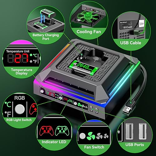 Vista 6 de Cooling Fan for Xbox Series X Console with RGB Light, Charger Station with 2 x 2640 mWh Rechargeable Battery Packs for Xbox SeriesOne-XSElite