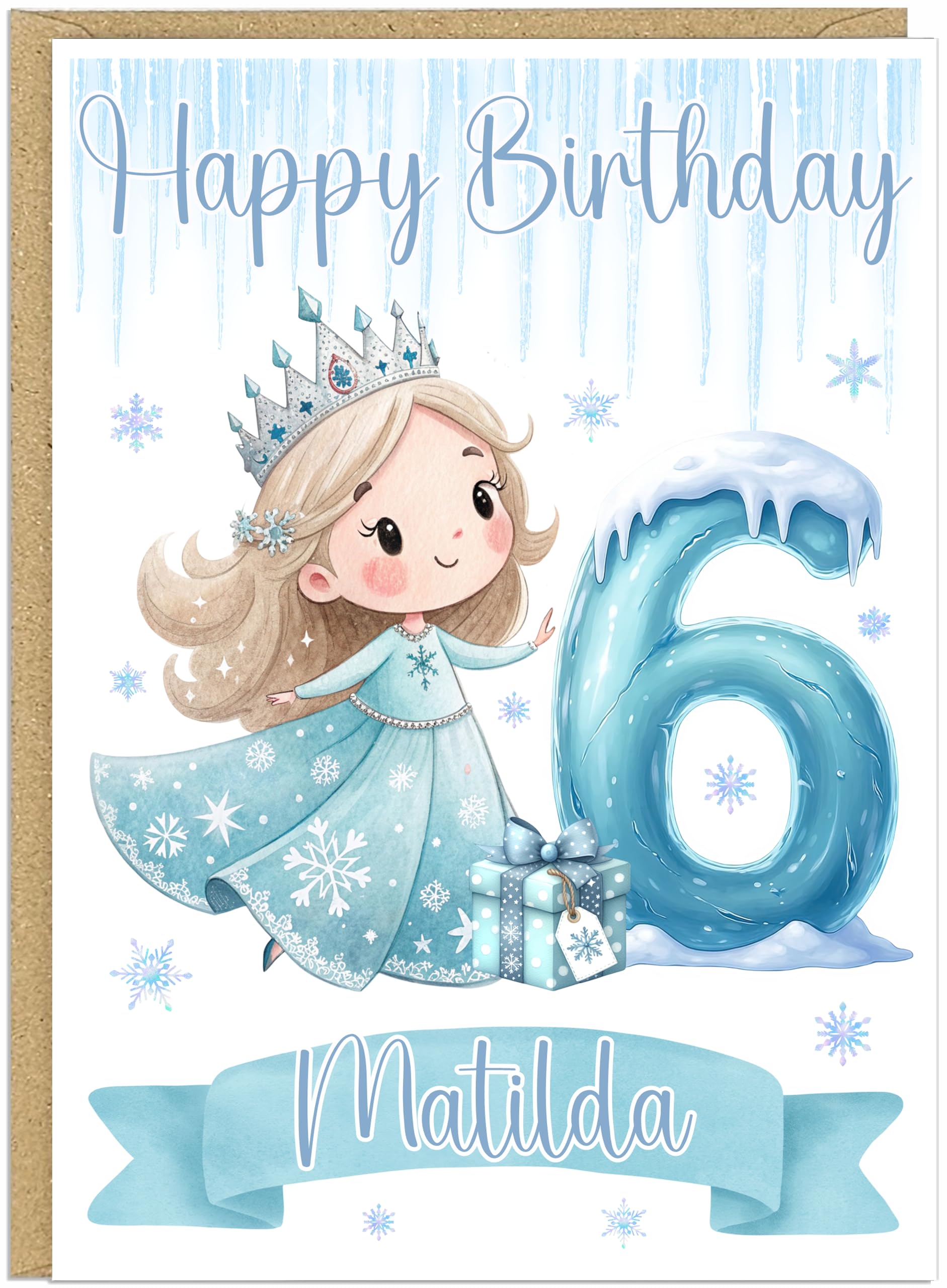 Personalised Winter Princess Happy Birthday Card with Age 1-9 - Custom Own Name & Own Age Number Balloon Blonde Ice Queen Crown Gifts A5 Greetings Card For Little Girls (Number 6)