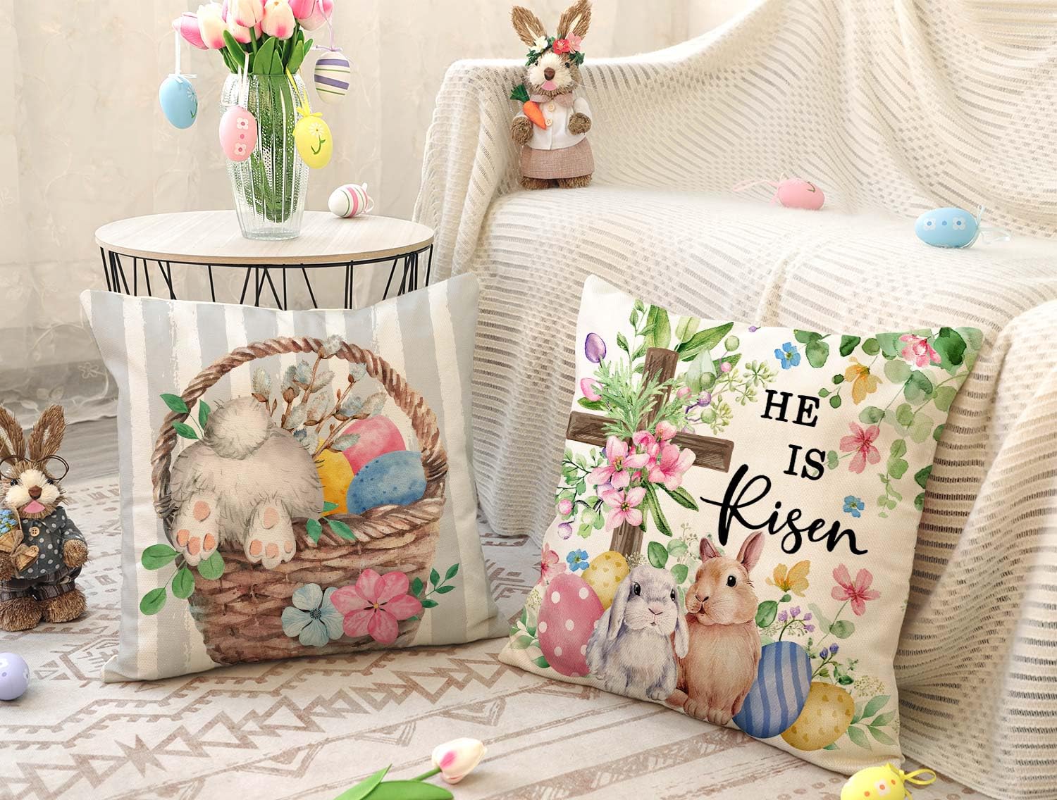 4TH Emotion Gray Easter Pillow Covers 18x18 Set of 4, He is Risen Bunny Floral Eggs Farmhouse Decorations Spring Holiday Decor Throw Cushion Case for Home Couch TH211 3