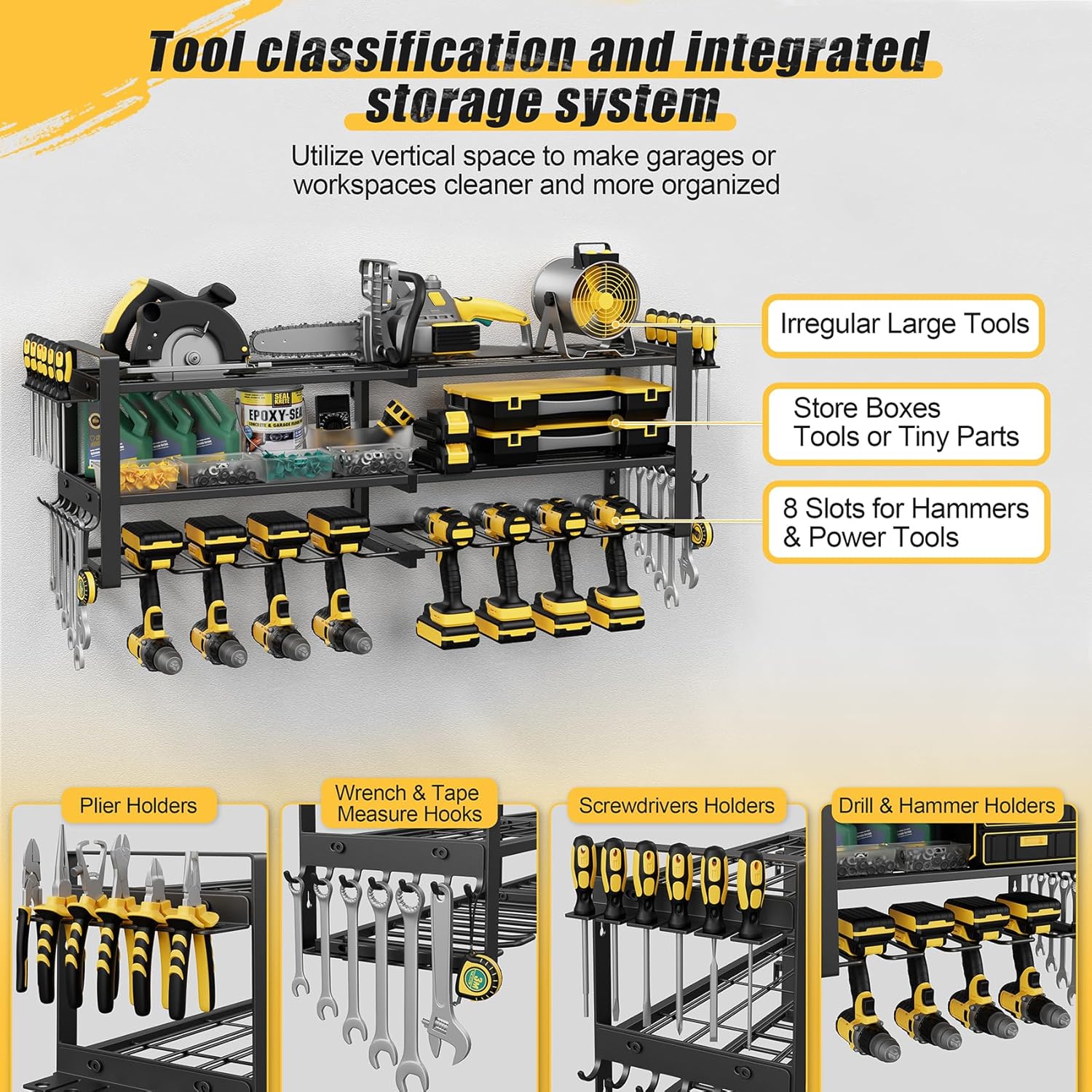Power Tool Organizer Wall Mount, 3-Tier Tool Storage Rack with 8 Drill Holders, 300LBS Load Heavy Duty Cordless Tool Shelf for Garage Organization, Gift for Men