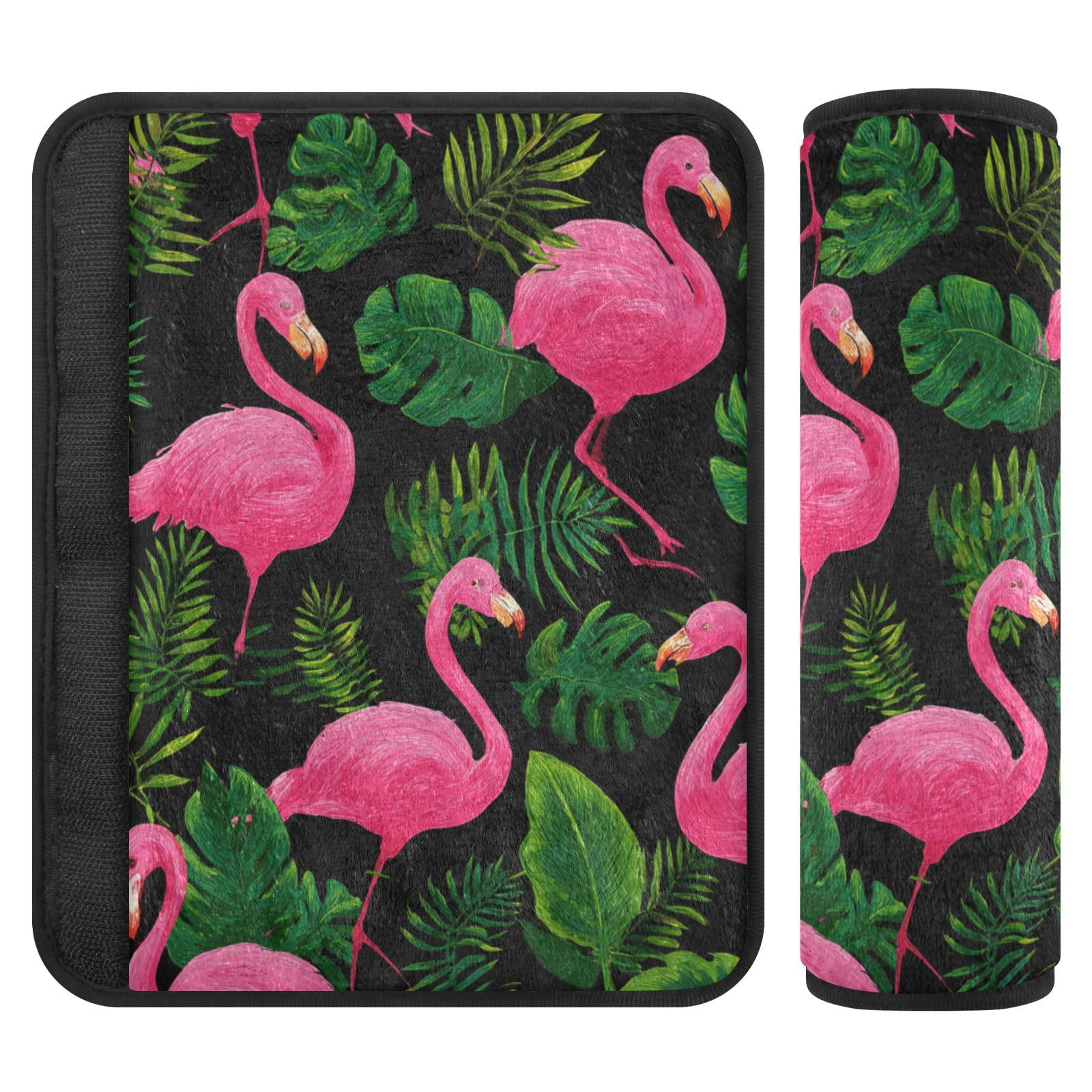 Hot Pink Flamingos and Green Tropical Leaves Seat Belt Cover Pad 2 Pcs Soft Cute Seatbelt Covers Protector Support Head Neck Shoulder Strap for Car Seats High Chair Backpack for Adults Kids Wom