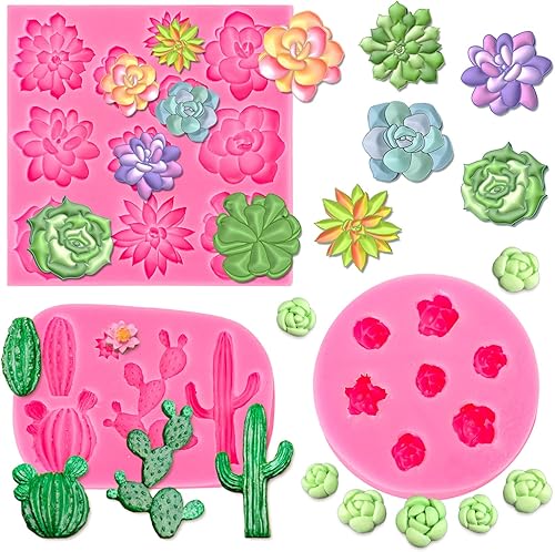 Whaline Moldes de silicona 3D para fondant suculentas, cactus, hojas suculentas, moldes de resina, moldes de cultivo de plantas, cupcakes, galletas,