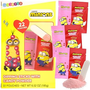 Minions Valentines Day Friendship Candy Exchange Kit, Strawberry Flavored Dipping Powder, Party Favor Treats, 22 Packs Inside