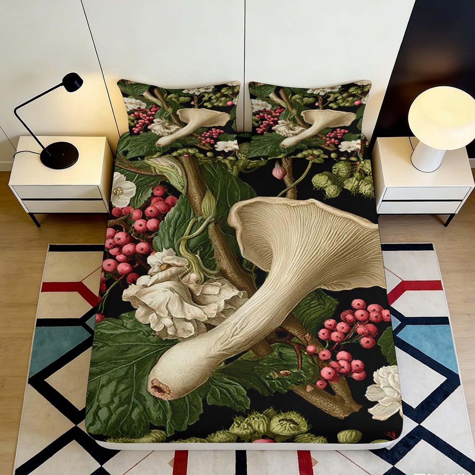 3D Printed Botanical Mushroom Fitted Sheet Microfiber Soft Breathable Forest Berry Bed Cover for Bedroom Dorm Decor 90x200x25cm