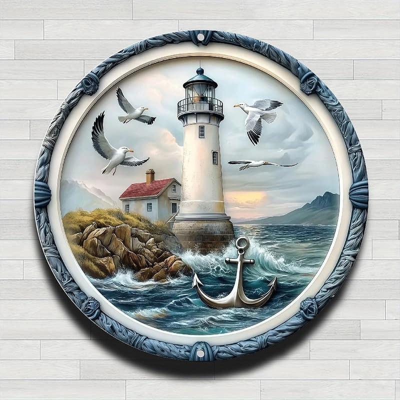 Coastal Lighthouse Scene with Gulls in Flight Vintage Rustic Aluminum Metal Round Wall Sign -8in Indoor Outdoor Gifts And Decor for Home, Office, Cafe & Yard