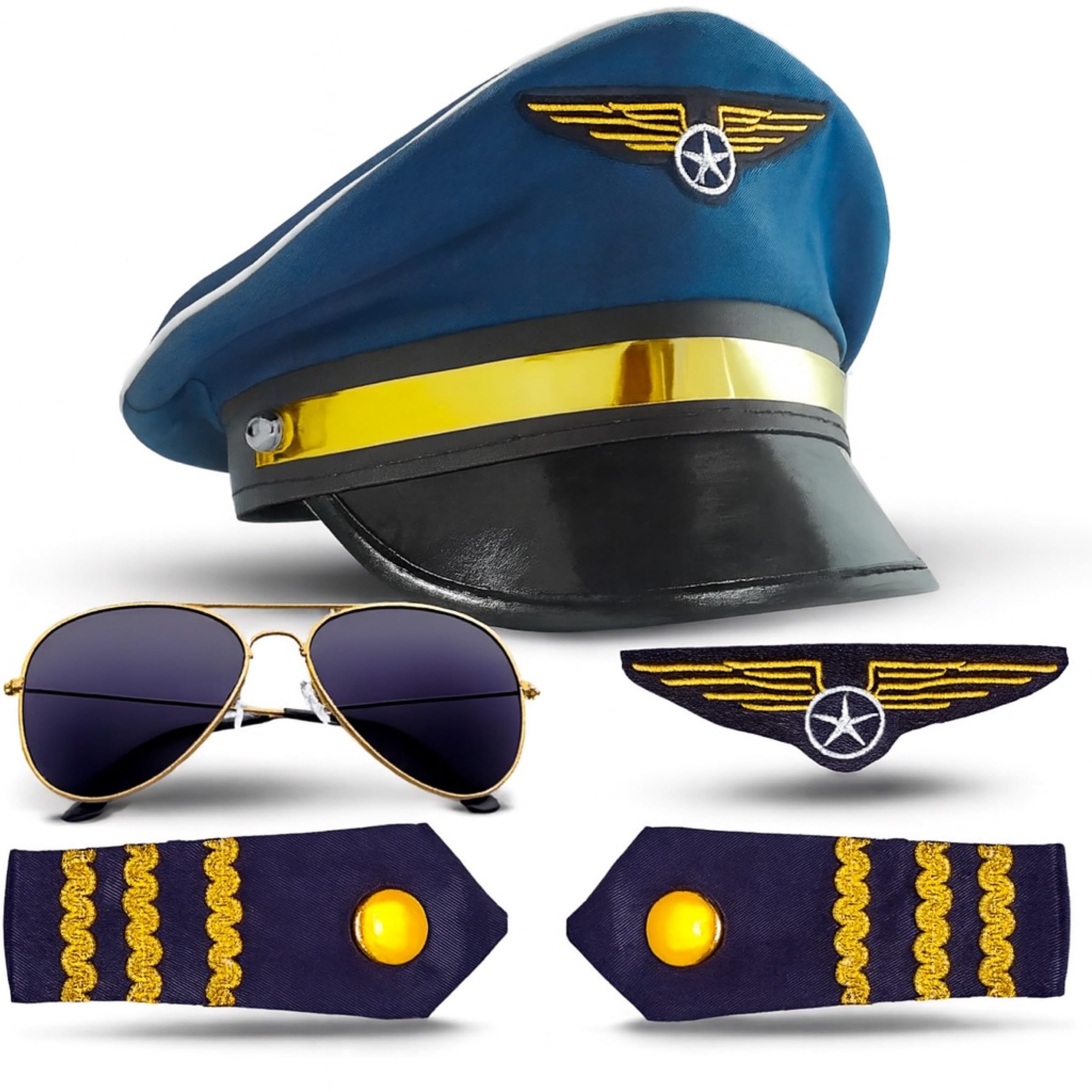 TK Gruppe Timo Klingler Disfraz de héroe de piloto, disfraz de capitán de carnaval para hombre, disfraz con charreteras, sombrero de piloto, gorro de piloto, insignia para disfraz de piloto