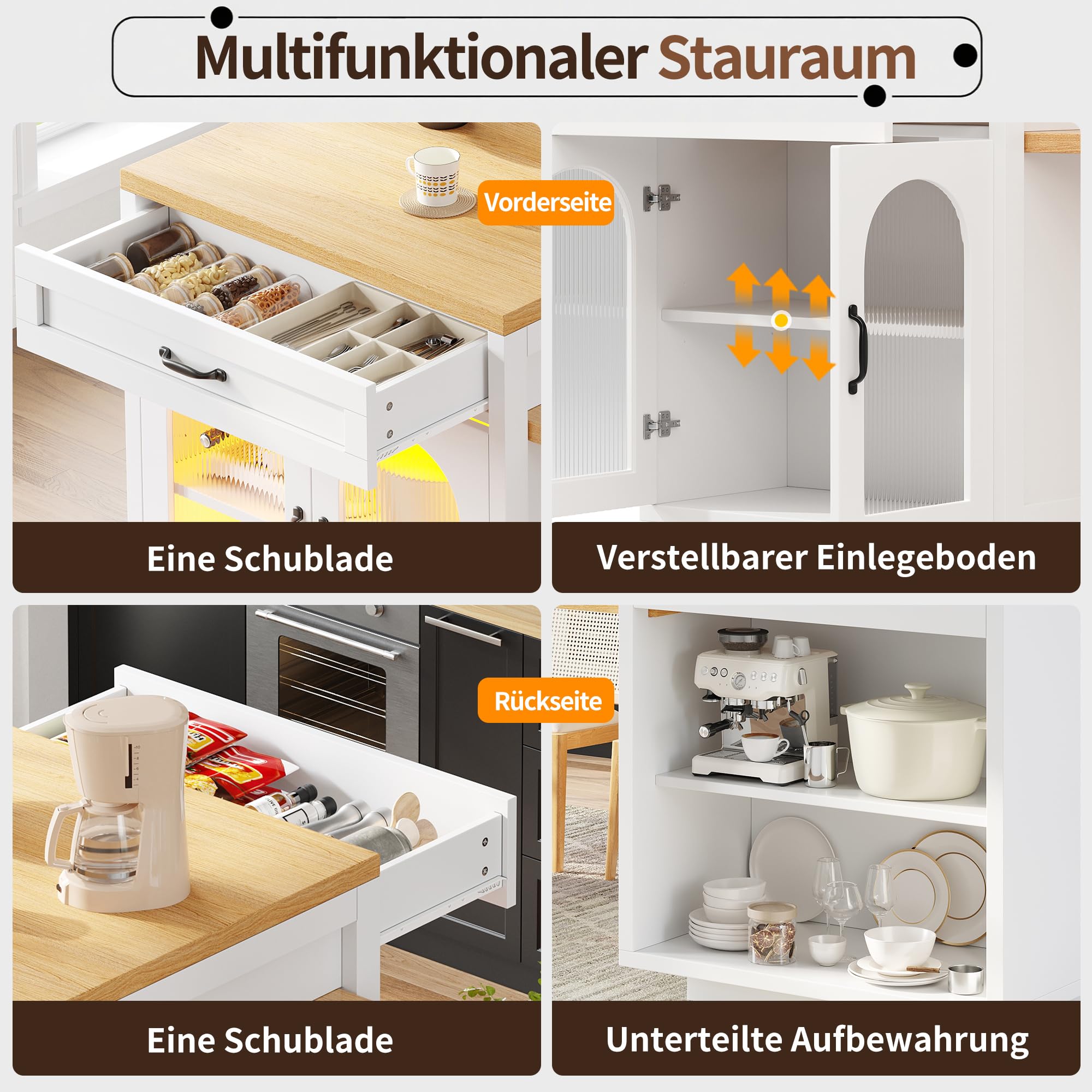 Isla de cocina extensible con iluminación LED, armario de cocina moderno con 2 cajones y estantes ajustables, aparador con puertas de cristal estriadas, encimera de cocina de MDF para comedor (blanco)