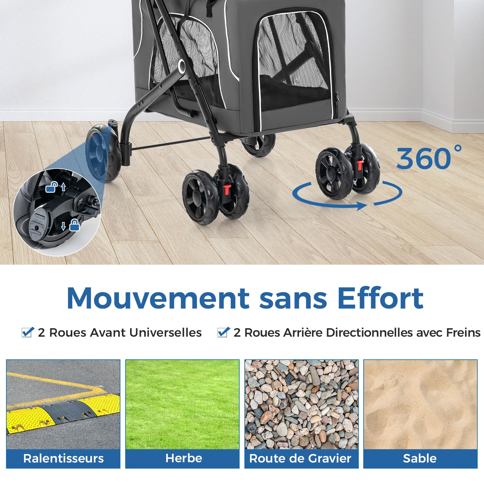 GYMAX Poussette Chien Chat 2 Couches Détachable, Transporteur et Siège Auto 3-en-1 pour Animaux de Companie, Auvent Réglable, Coussin Amovible, Poche de Rangement, Cadre en Métal Pliable (Gris)