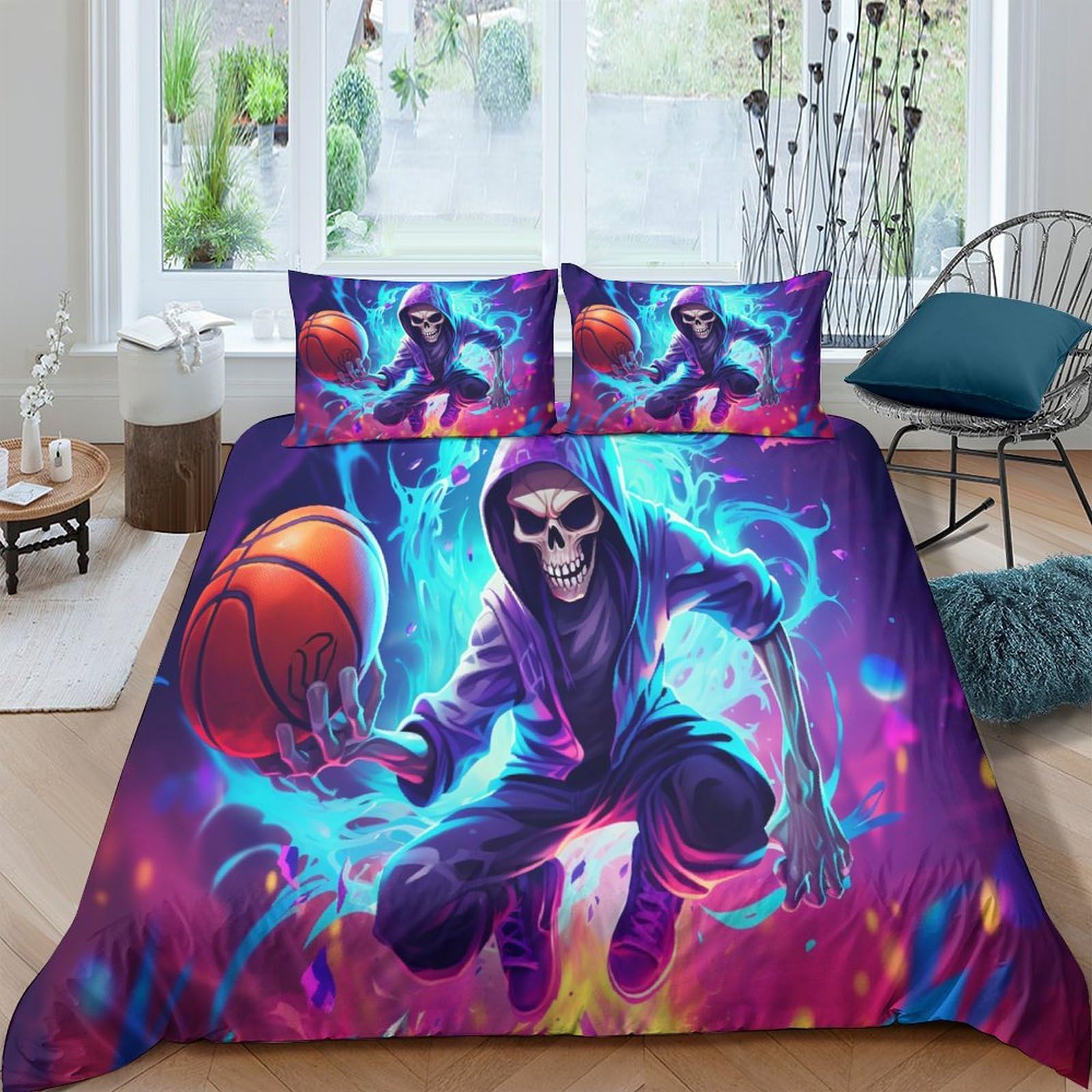 Crjus Style-5 Skeleton Basketball Duvet Set Bedding, 3 Piece Set Duvet Cover Easy Care, Quilt Cover Pillow Cases With Zipper Closure Soft Microfiber Double（200X200cm）