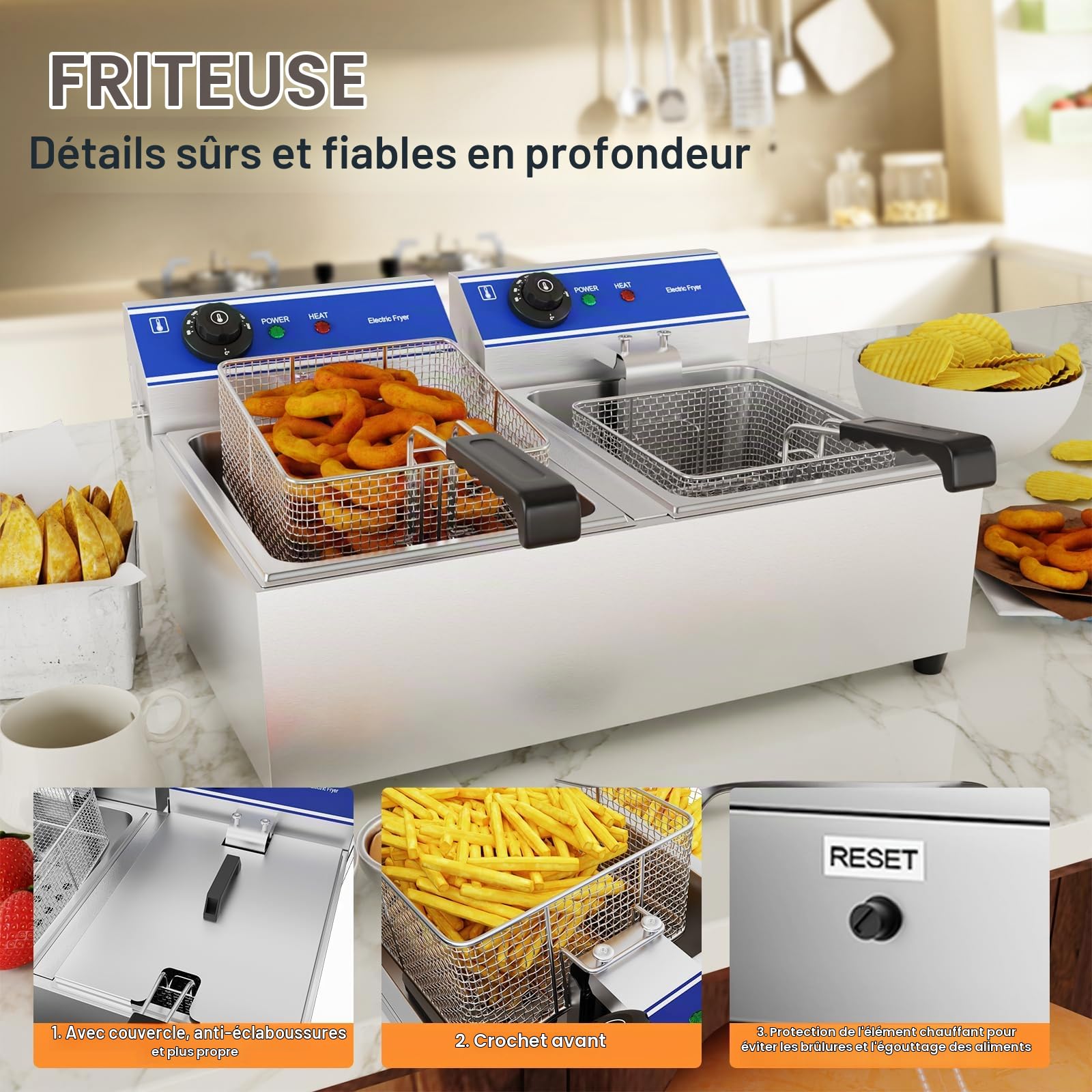 TAIMIKO Friteuse électrique commerciale 2 réservoir en acier inoxydable 3000W*2 220V-240V Thermostat 60-200 °C