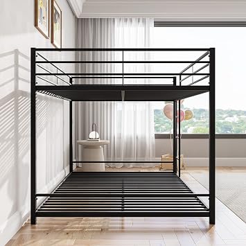 4FT6 Double Bunk Beds, Full Over Full Bunk Bed, Loft Bed, Black | Metal Heavy Duty Double Size Bunk Beds, Double Bed Frmae for Adults,Loft Bed With Ladder and Guardrail