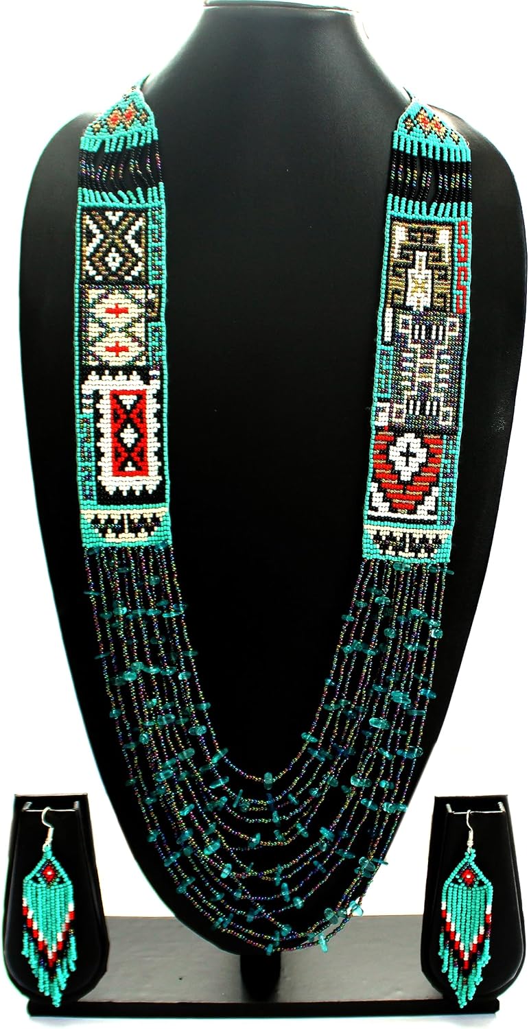 Layered Beaded Necklace – Boho Native Handmade Seed Bead Tassel Necklace, Bohemian Large Statement Beaded Necklace for Women (Multicolor)