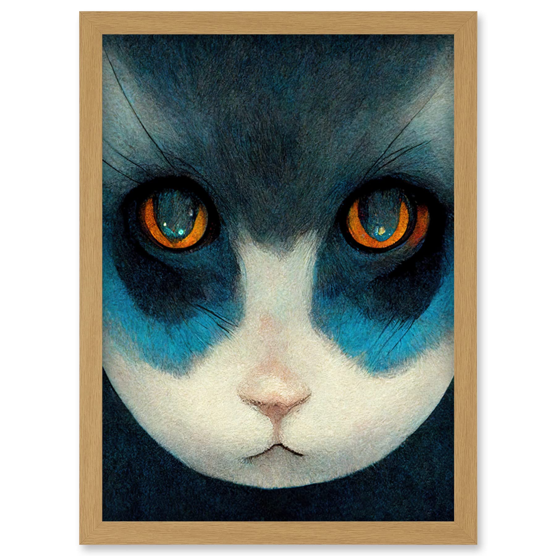 Doppelganger33 LTD Nihonga Style Japanese Cat Blue Artwork Framed Wall Art Print A4