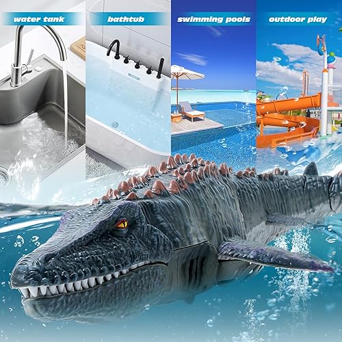 Miniatura 22 de Mosasaurus - Juguetes de dinosaurio mejorados, juguete de agua con control remoto, juguetes de piscina para niños de 4 a 8 años, dinosaurio RC