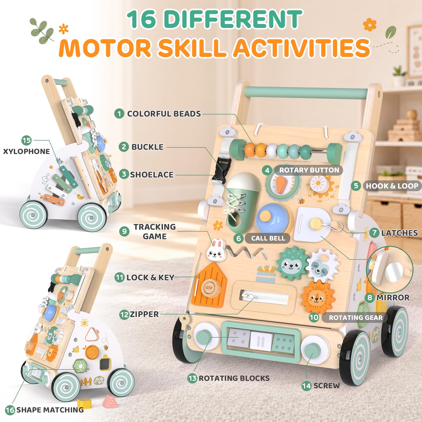 Andador Madera Bebé 2 en 1, Montessori Tablero Sensorial Desmontable