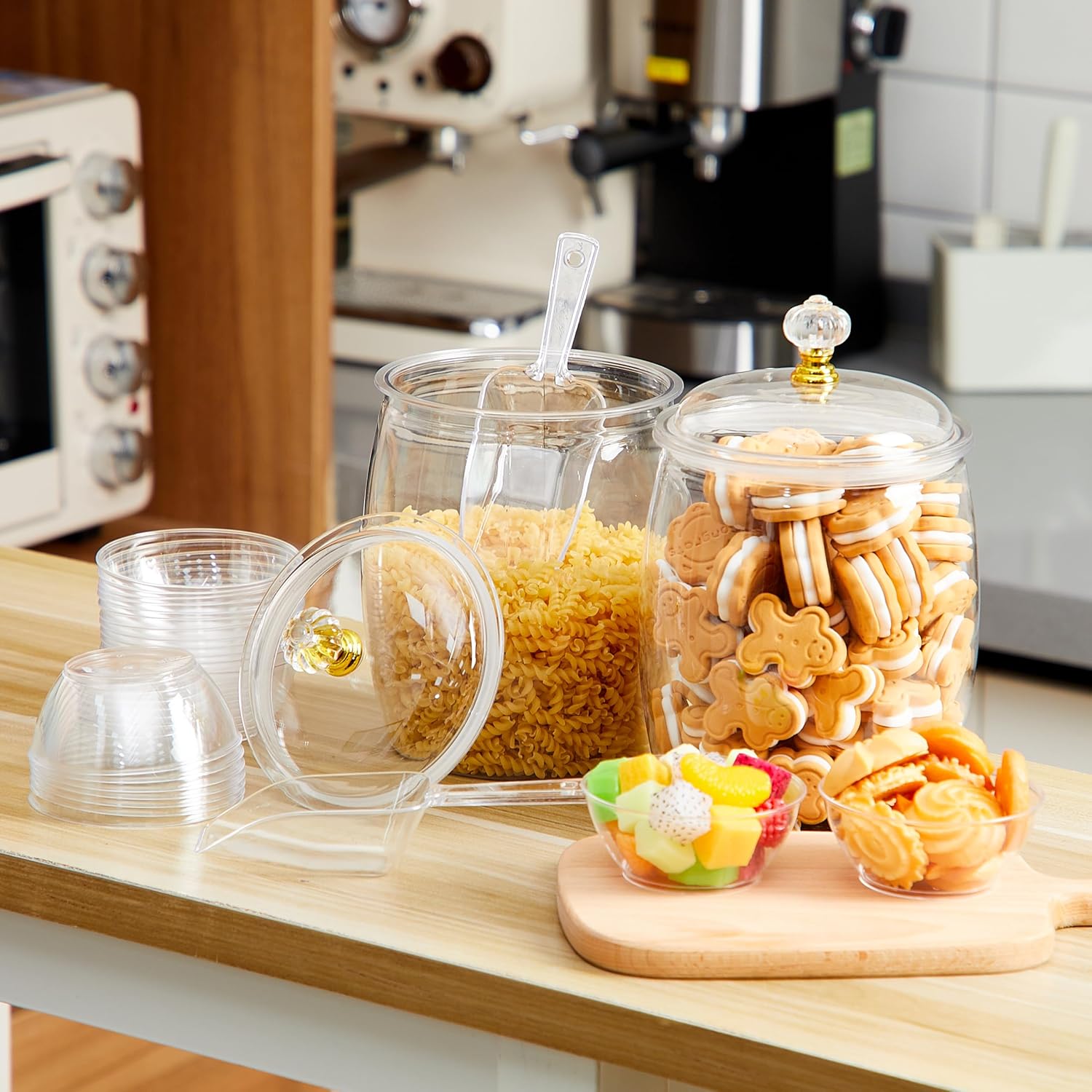 LemonRoad 4 Pcs 64 oz Plastic Candy Jars with Lids 100 Pcs Bowls 2 Spoons, Clear Cookie Dessert Buffet Containers Set Large Airtight Apothecary Storage for Wedding Home Bar Supply