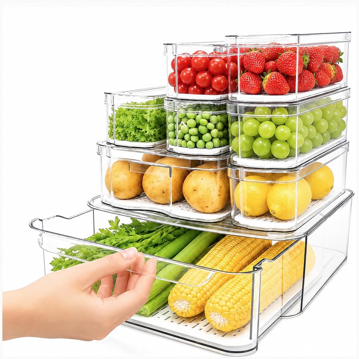 SMRCAD 8 Pack Clear Fridge Organizer Bins with Drain Trays - Stackable | BPA-Free PET, 8 Pack: 1 Drawer + 7 lidded Bins, Helps Keep Produce Fresh, 18.3L Capacity, Hand Wash Only