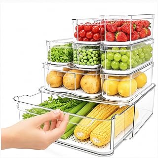 SMRCAD Fridge Organizers and Storage, 8 Pack Clear Freezer Organizer Bins with Lids for Kitchen, Pantry, Refrigerator, Food, Fruit, Vegetable Storage (8 Bins (Include Pull-out Drawer))