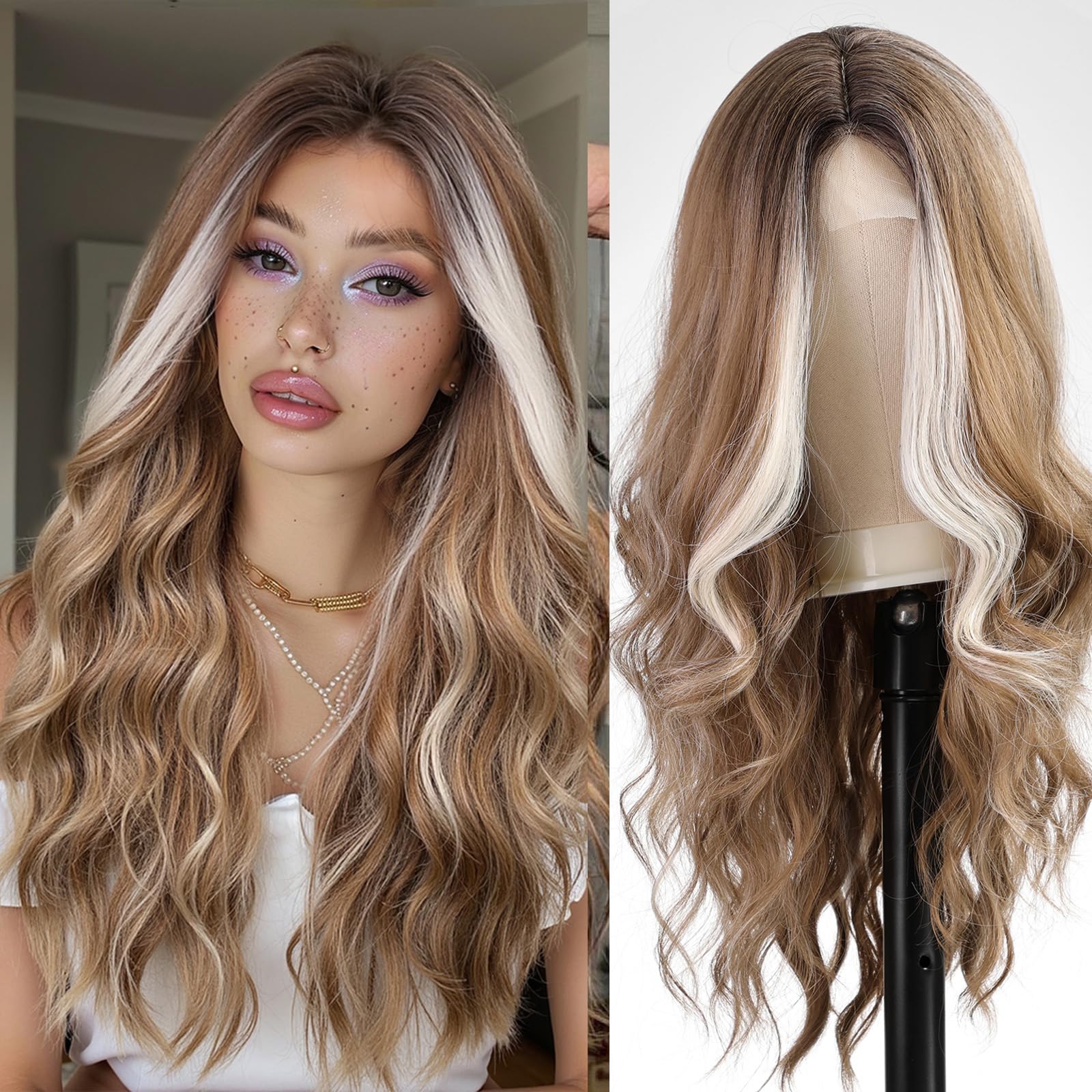 WOKESTAR Long Brown Wavy Wigs for Women Synthetic Wig for Party