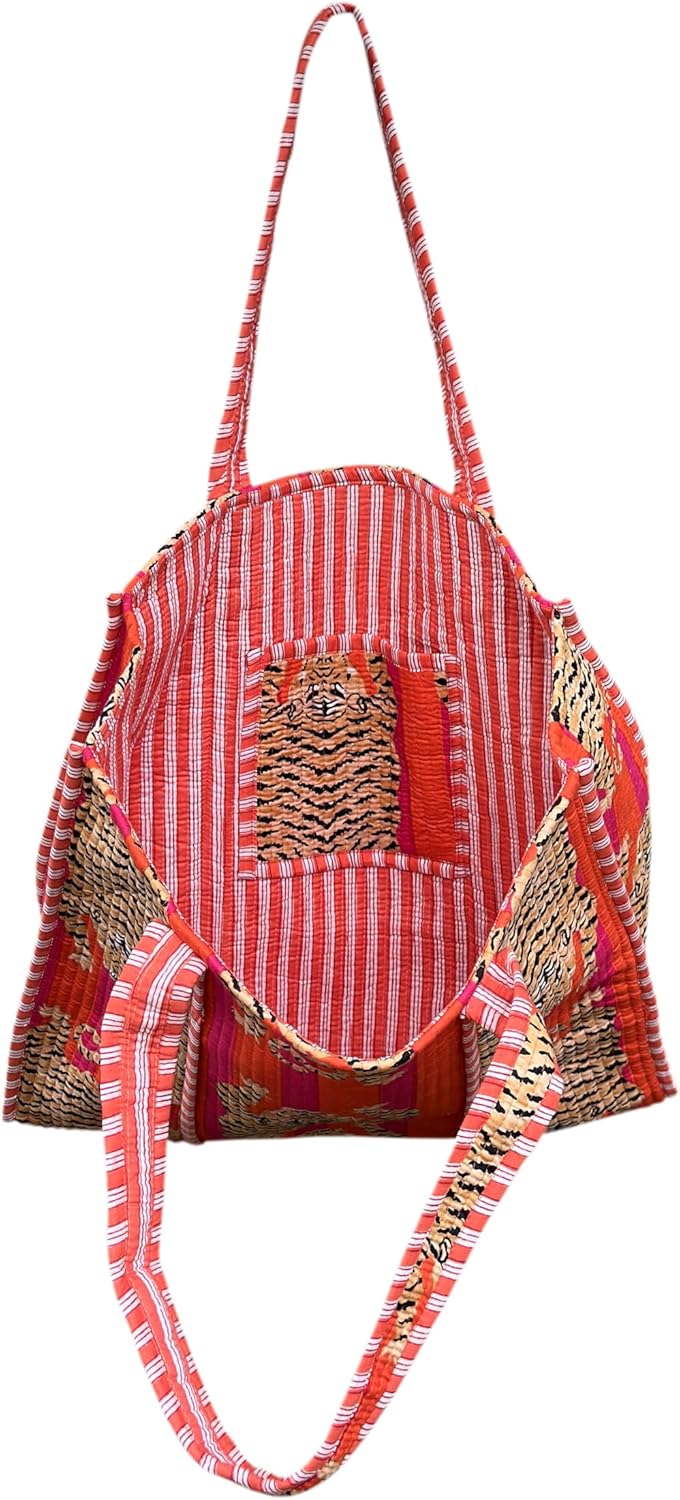 Quilted Cotton Handprinted Reversible Large multicolor Floral Tote Bag,Hand Block Print Shopping Shoulder Carry Bag