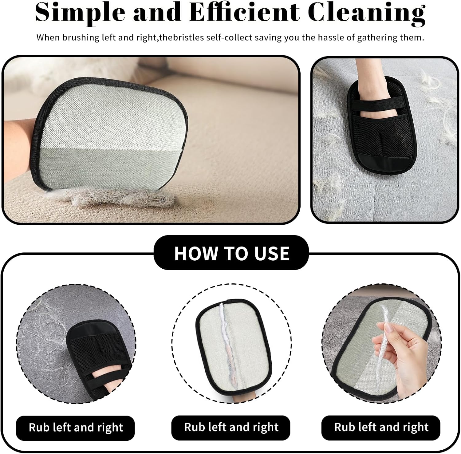 Pet Hair Remover Gloves Black Static Hair Remover Reusable for Clothes Sofa Car Seat