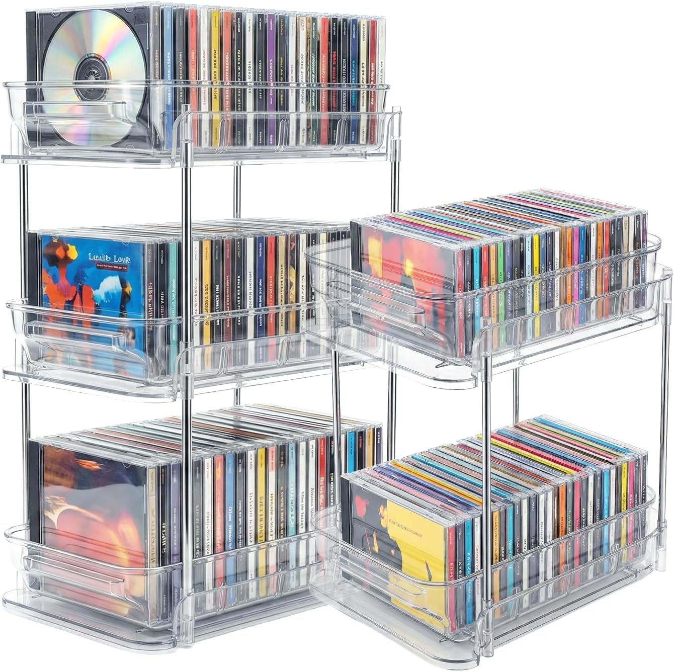Clear CD Organizer, 3-Tier Sliding Drawer Storage Shelf - Holds 72 CDs, Versatile Organizer for VCDs DVDs CDs, Cosmetics, Cups (3-Tier)