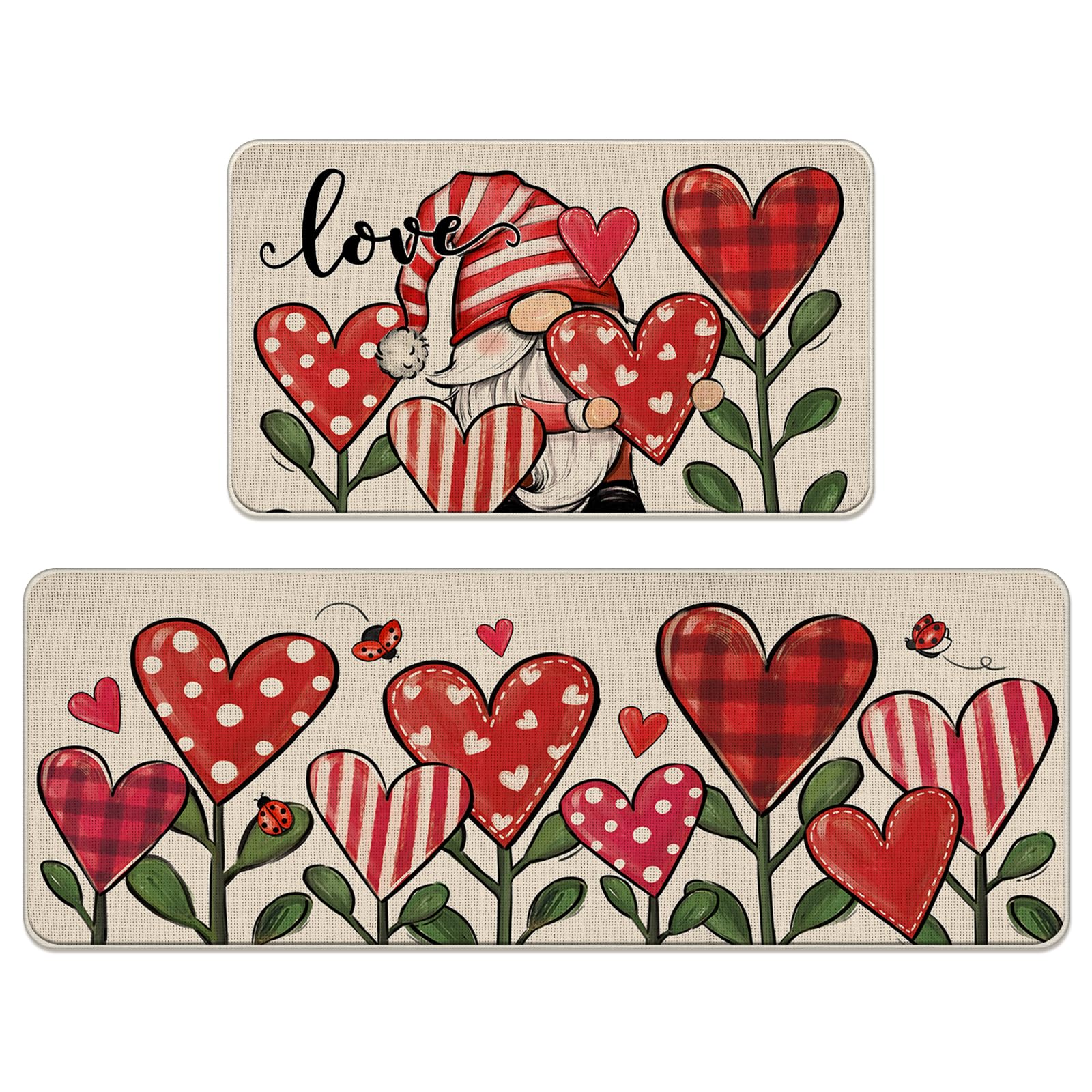Valentine's Day Gnome Kitchen Rugs Set of 2, Red Love Heart Plaid Stripes Polka Dot Ladybug Kitchen Mats Decor, Anniversary Wedding Holiday Floor Door Mat Home Decorations -17x29 and 17x47 Inch